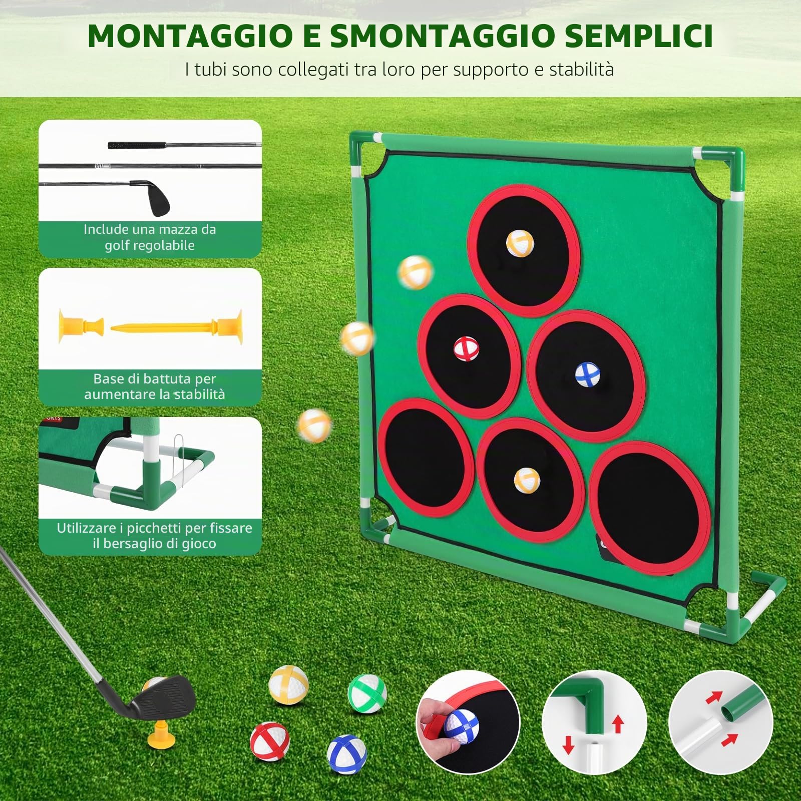 Set da gioco di golf per interni ed esterni, gioco di golf e pong, giocattoli da golf con tappetino da putt, borsa da trasporto, 6 coperture per buche, giochi da festa/da giardino per bambini (set da