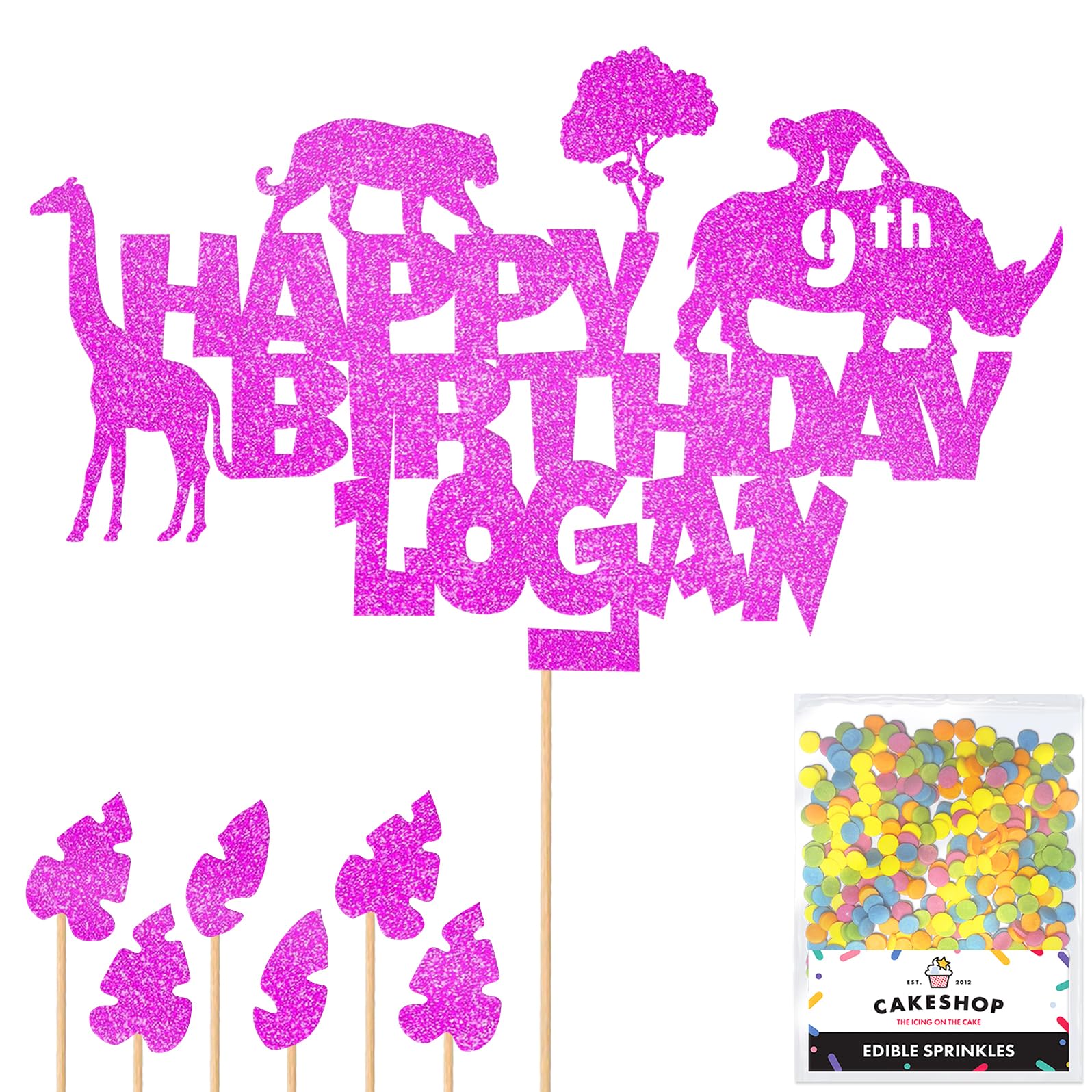 Personalised Jungle Animals Glitter Cake Topper- Pink Any Custom Age & Name Glitter Cake Decoration and Sprinkles - Happy Birthday Decorations - Personalised Toppers for Cakes by Cakeshop — image 1