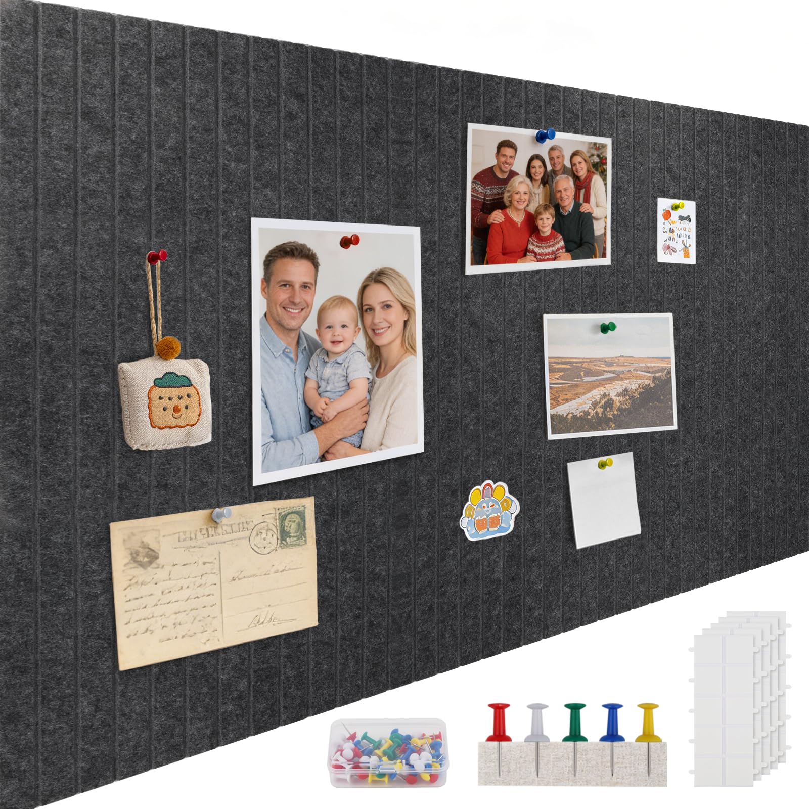 120x90cm Large Cork Board 0.9cm Thick Felt Bulletin Board with 100 Push Pins and Adhesive Sticker, Felt Wall Tiles Office Kitchen School for Photos Memos, Dark Gray