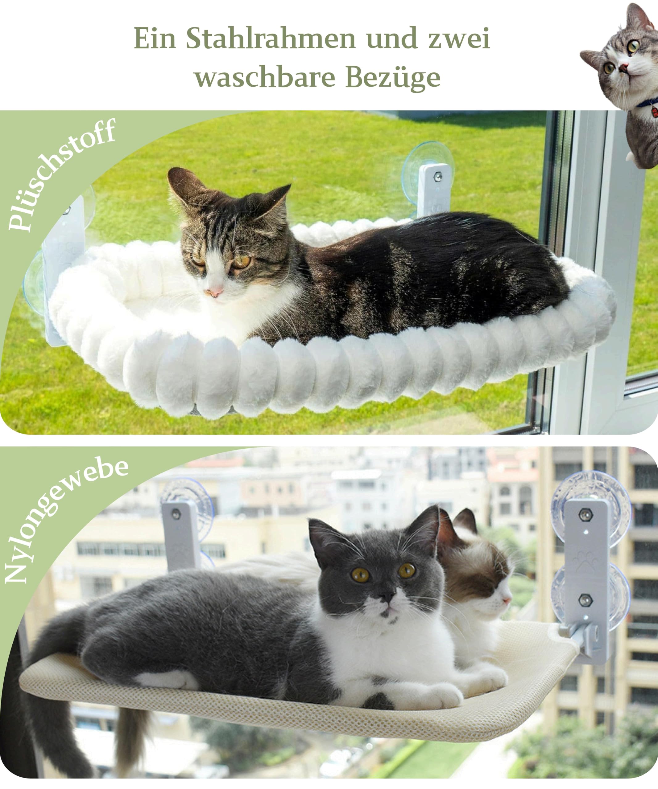 Katzen Hängematte Fenster mit 2 Abnehmbare Bezüge (Netz & Plüsch),Klappbarer Cat Window Hammock mit Saugnäpfen, Katzen Fensterliege Weich bis 18kg, 52x30cm,Weiß