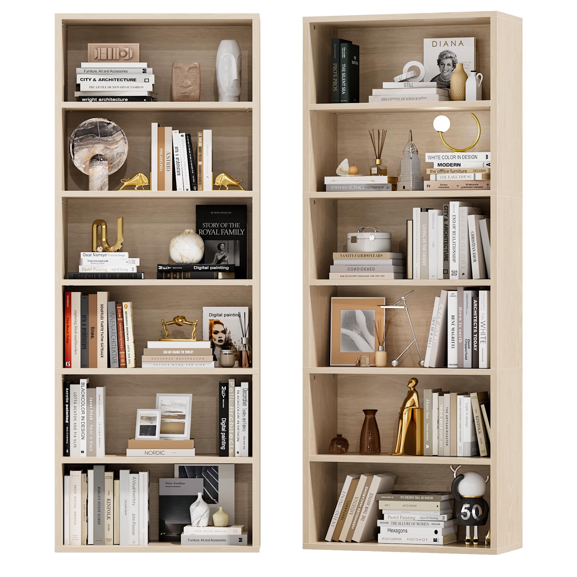 Furniwell 71" Tall Bookcase Bookshelves, 6 Tier Floor Standing Bookcases Open Frame, Modern Display Storage Organizer for Home Office, Living Room, Bedroom, Study Room (Beige, 2 Pcs)