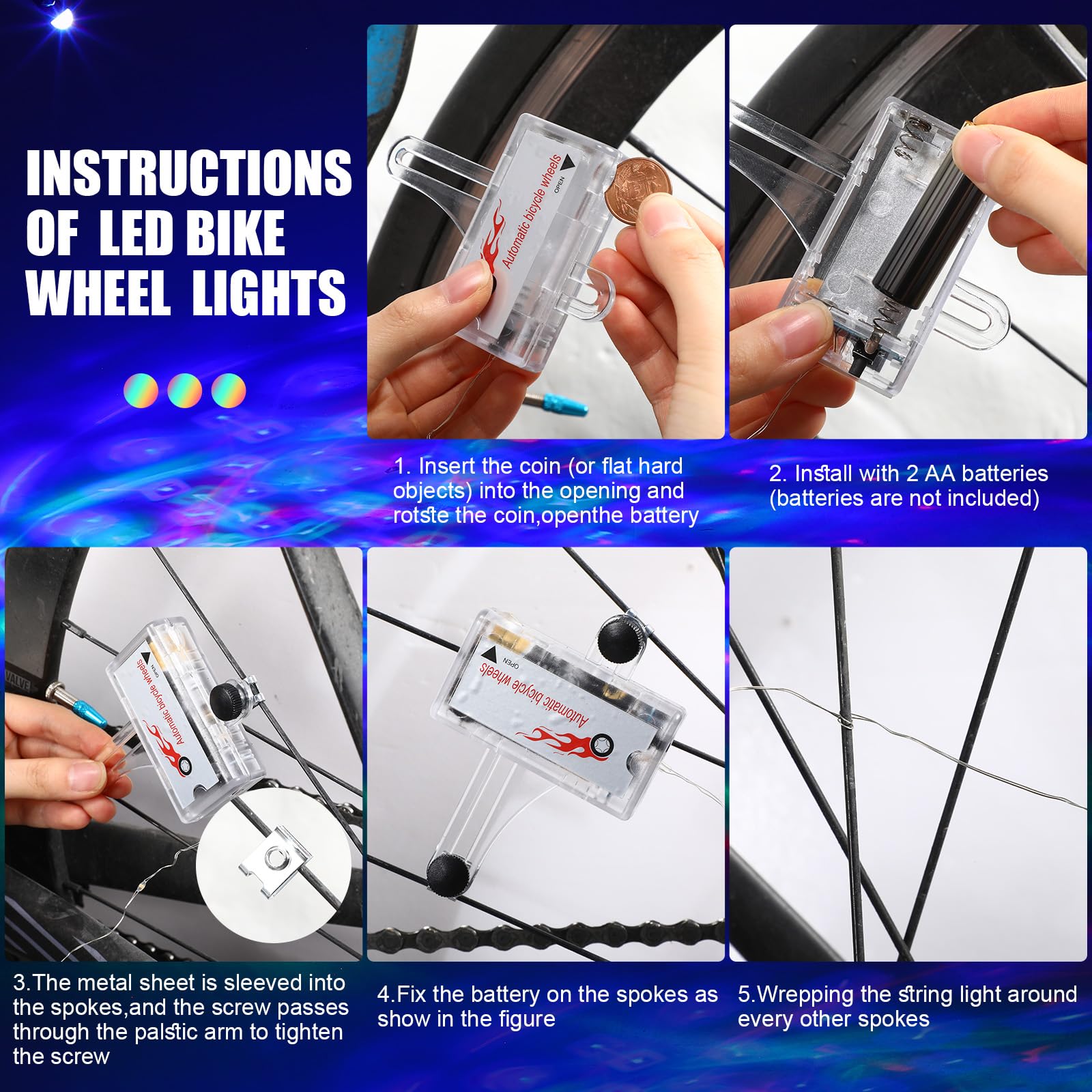 VIHOSE Lot de 4 lumières LED pour vélo disco avec 2 roues de vélo, 1 cadre lumineux à DEL et 1 phare avec piles pour vélo, discothèque, cadeaux de fête, équitation de nuit, étanche (bleu)