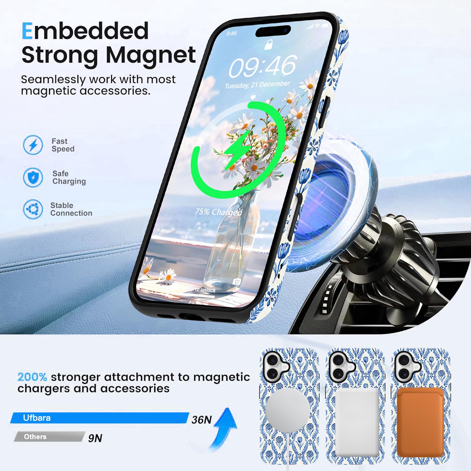 Custodia magnetica per iPhone 17 con cinturino da dito, blu vintage