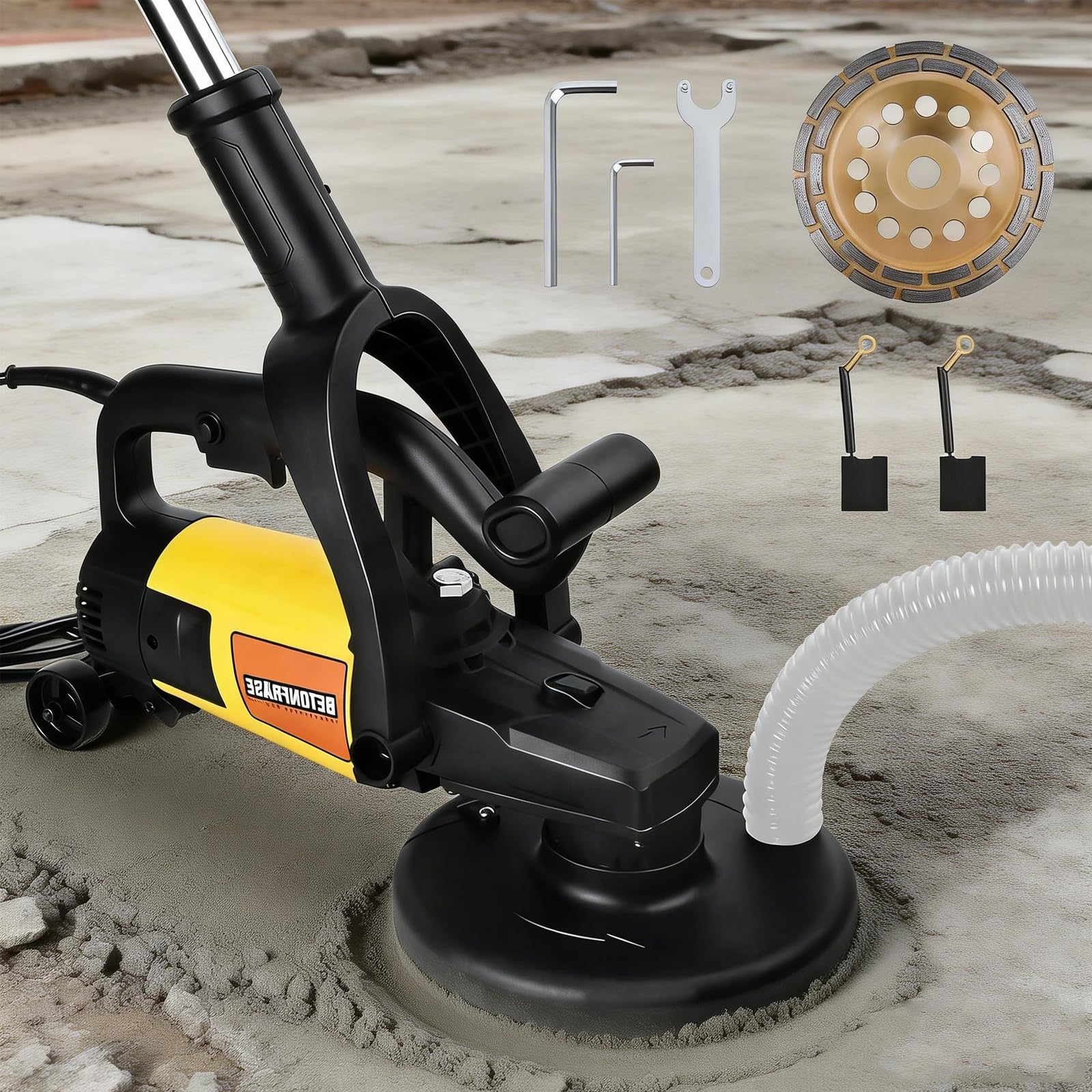3800 W 6000 RPM - Lijadora de hormigón, motor potente, mango largo, diámetro de 180 mm, 6 marchas, fresadora de hormigón, fresadora de saneamiento, fresadora de limpieza con campana de extracción