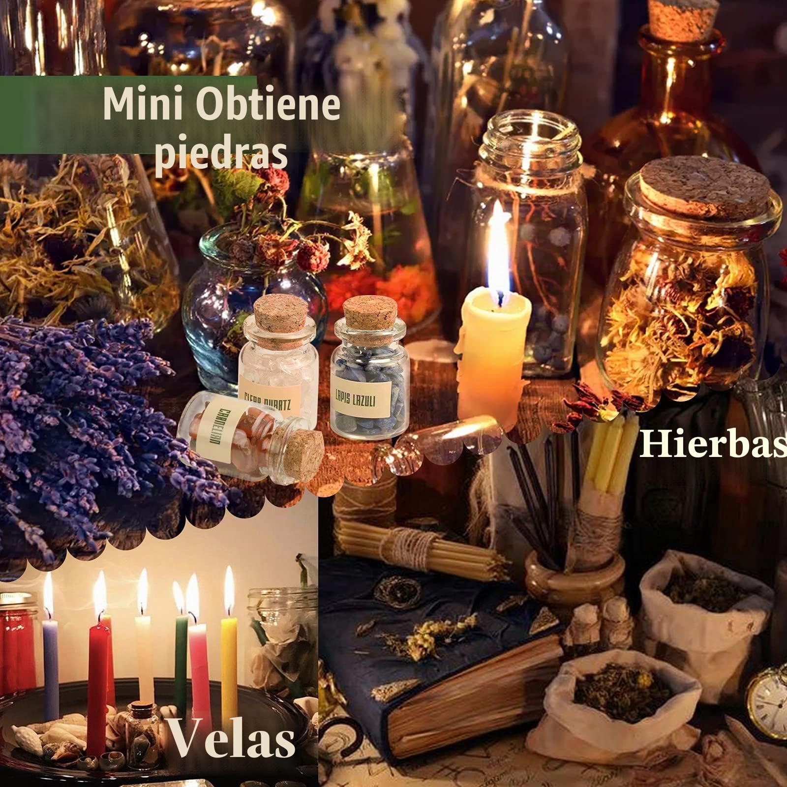 Kit de iniciación de brujería, suministros de brujería para altar wiccano - 63 paquete de cristales, hierbas secas, velas mágicas de colores, bolsas de encanto y sal ritual de brujas para hechizos