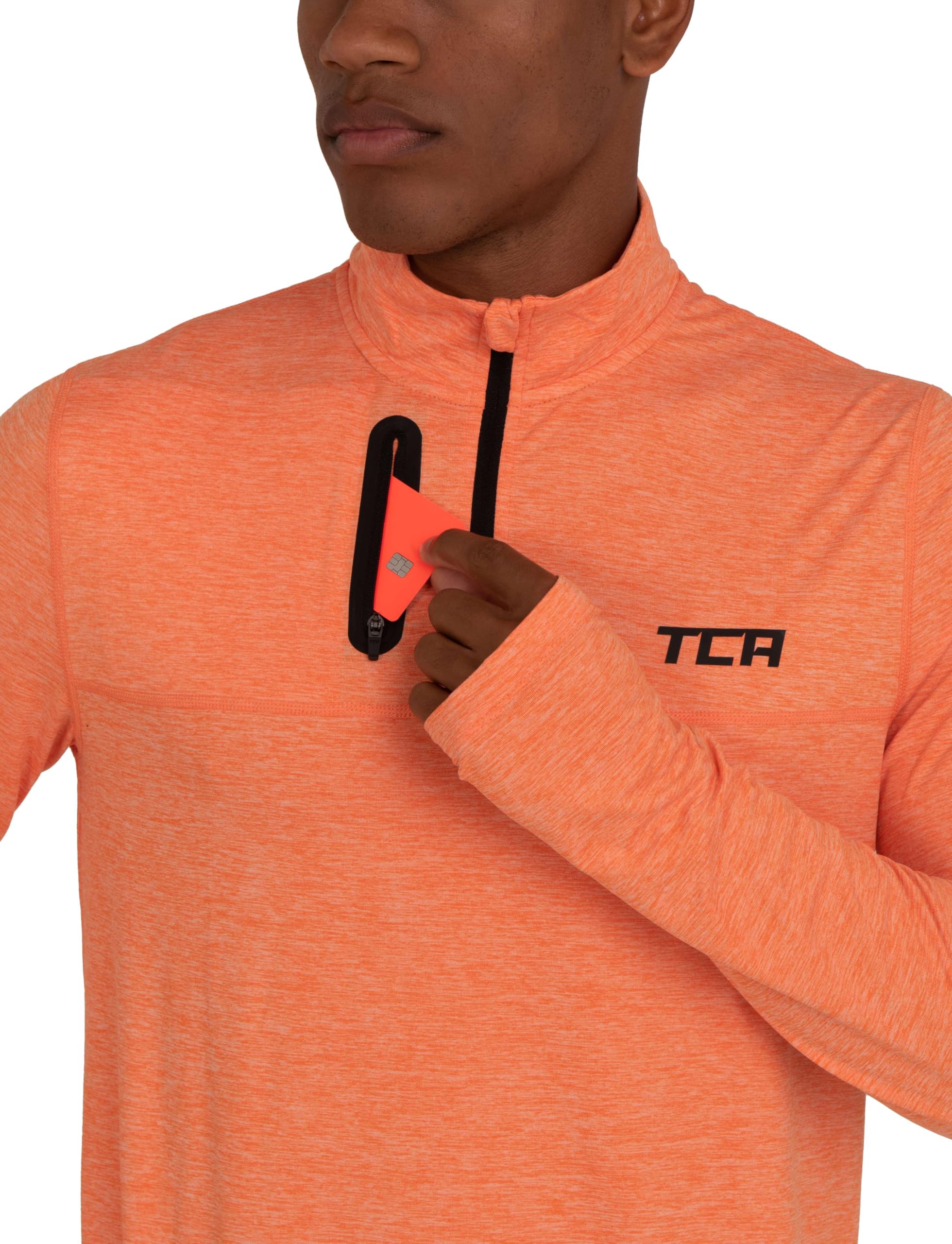 TCA Haut Running Homme Hiver - Vetement Sport Homme Manches Longues - Quickdry Fusion Pro avec Fermeture Éclair à Mi-Poitrine - Tenue pour Course à Pied et Jogging - Orange/Orange, M
