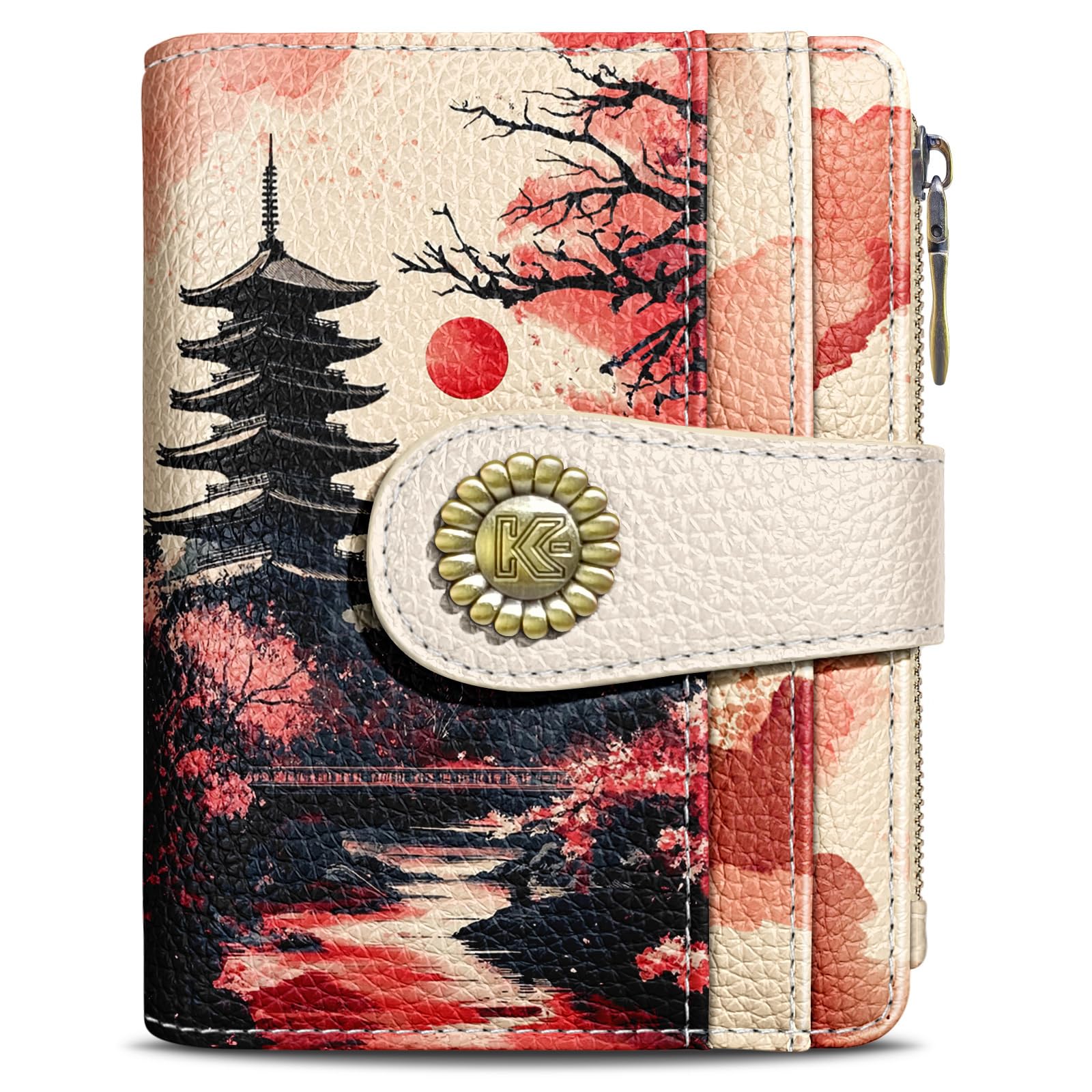 Kelvoris Japanese Sunset Goth Small Rfid Women Wallet Bifold Zipper Coin Pocket PU Leather Compact Cash Credit Card Holder Travel Wallet for Female