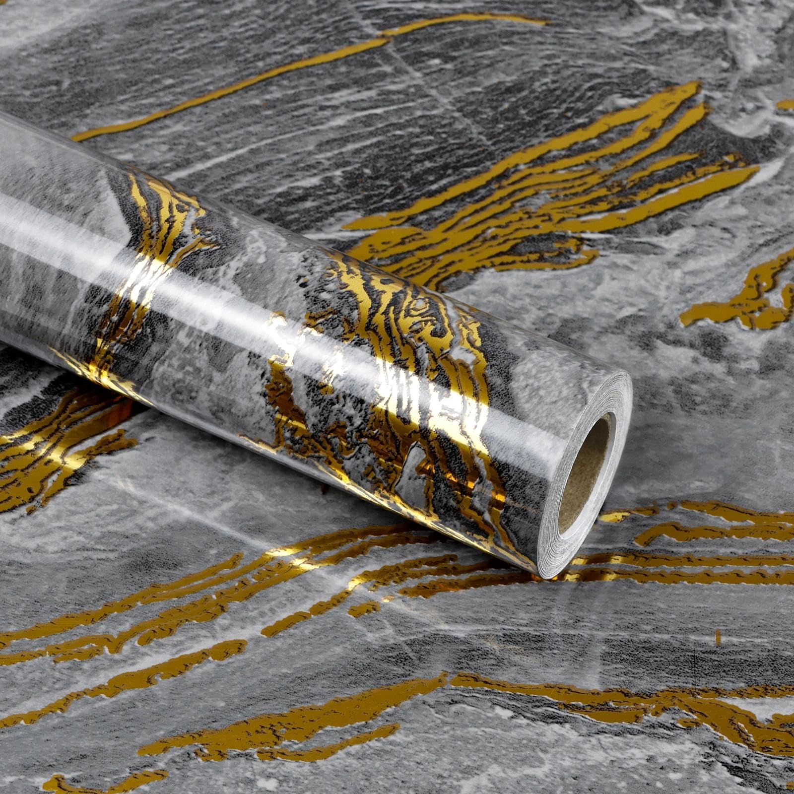 wishFIRE Marble Peel and Stick Wallpaper Grey Gold (60x1200cm) - Thick Marble Look Self-Adhesive & Waterproof Wallpaper, High Gloss Vinyl Film for Kitchen & Furniture