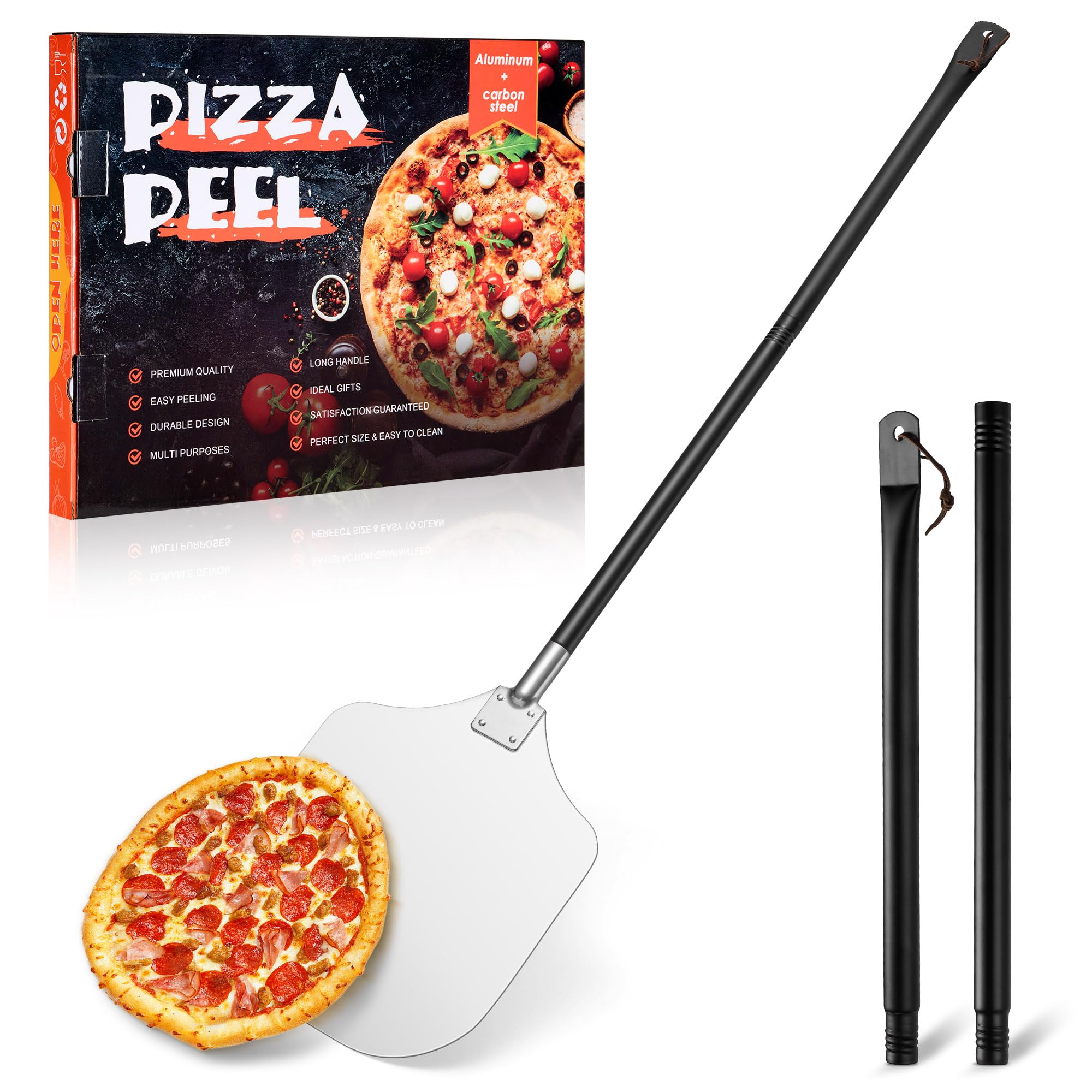 Homikit Pizzaschep, 22,8 x 25 x 112 cm, roestvrij staal, geperforeerde en afneembare metalen handgreep, geschikt voor glijden over pizzasteen, ronde randen voor oven en grill