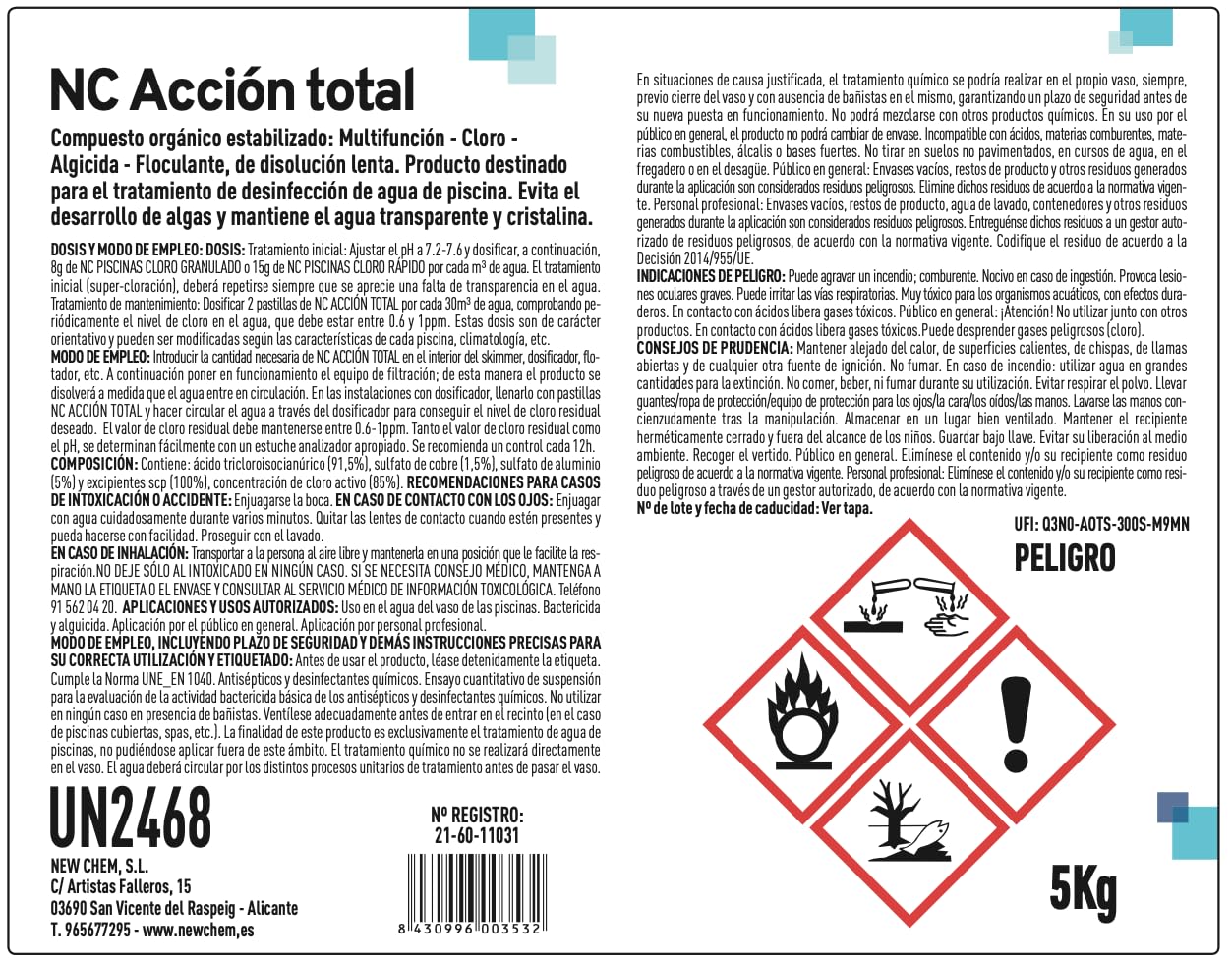 NC Pastillas de Cloro multifunción para Piscina 5 kg | Disolución lenta, 5 en 1: desinfectante, alguicida, bactericida, floculante y estabilizante, Fabricado en España