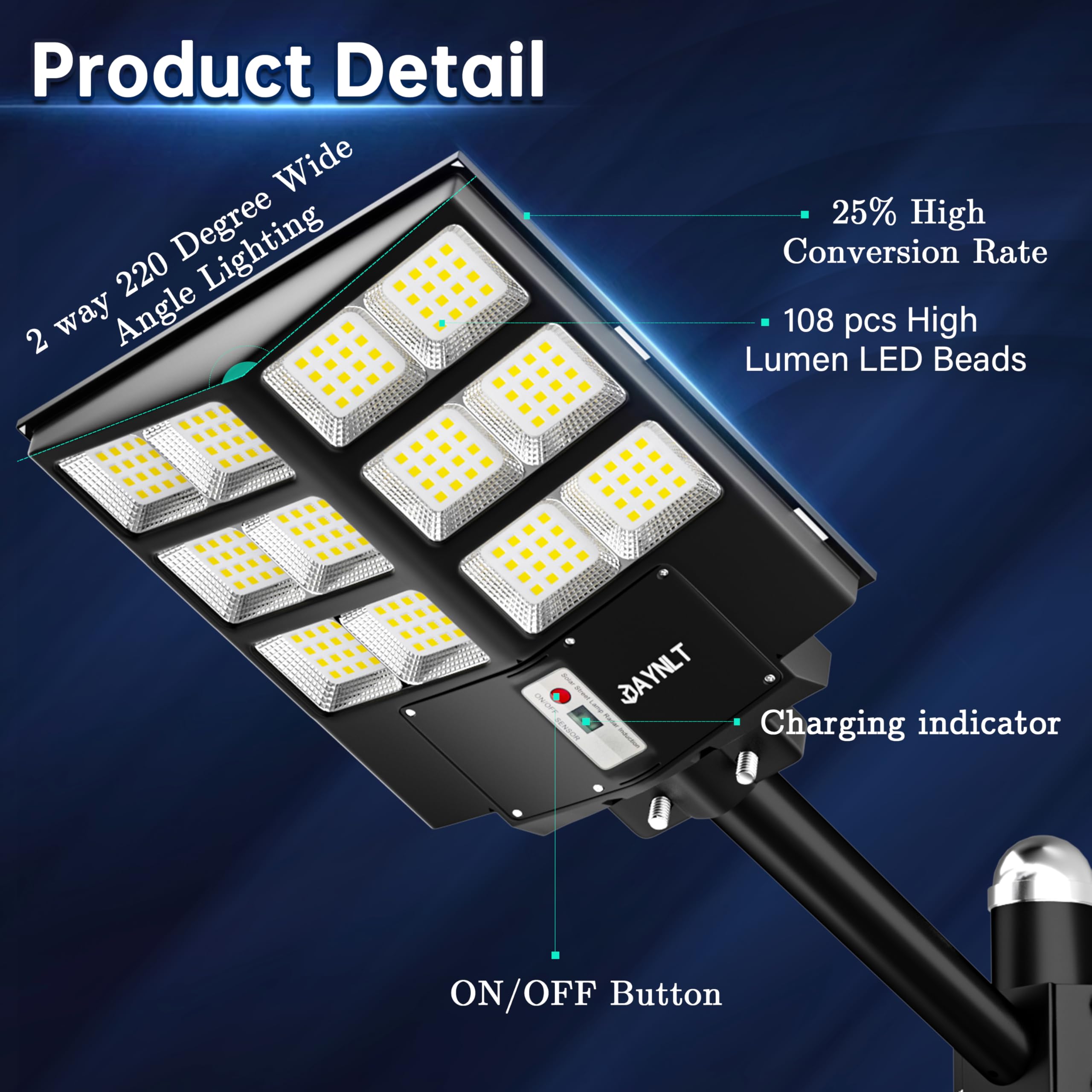 JAYNLT Y-2000W Farolas Solares Exterior, 60000LM 6500K Farola Solar Potente con Sensor de Movimiento, IP67 Impermeables Foco Solar Exterior para Patio, Calzadas, Calle