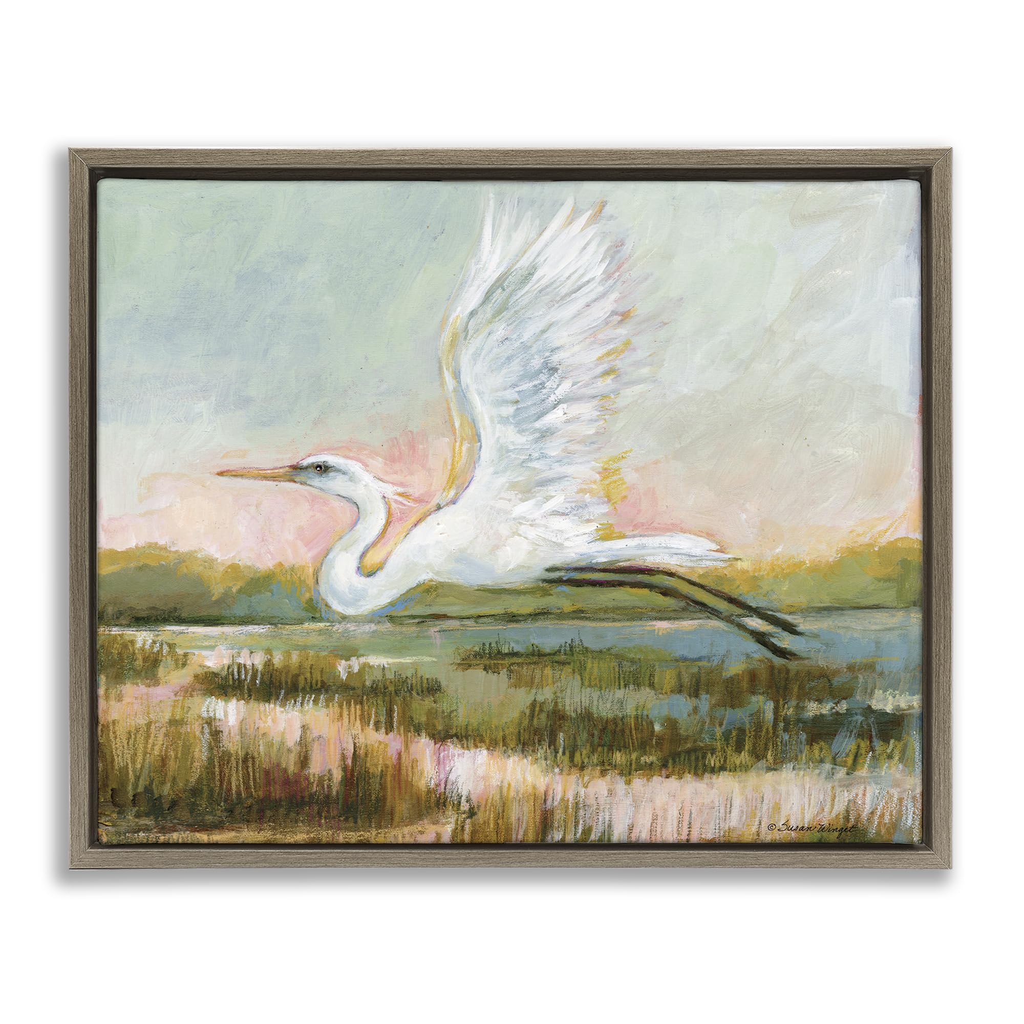 Stupell Industries Montalcino Elm (Textured) 'White Heron Flying', Floating Frame Canvas Art, Brown, 31 X 25 Inches, Easy To Hang And Sturdy, Made In Usa, By Susan Winget