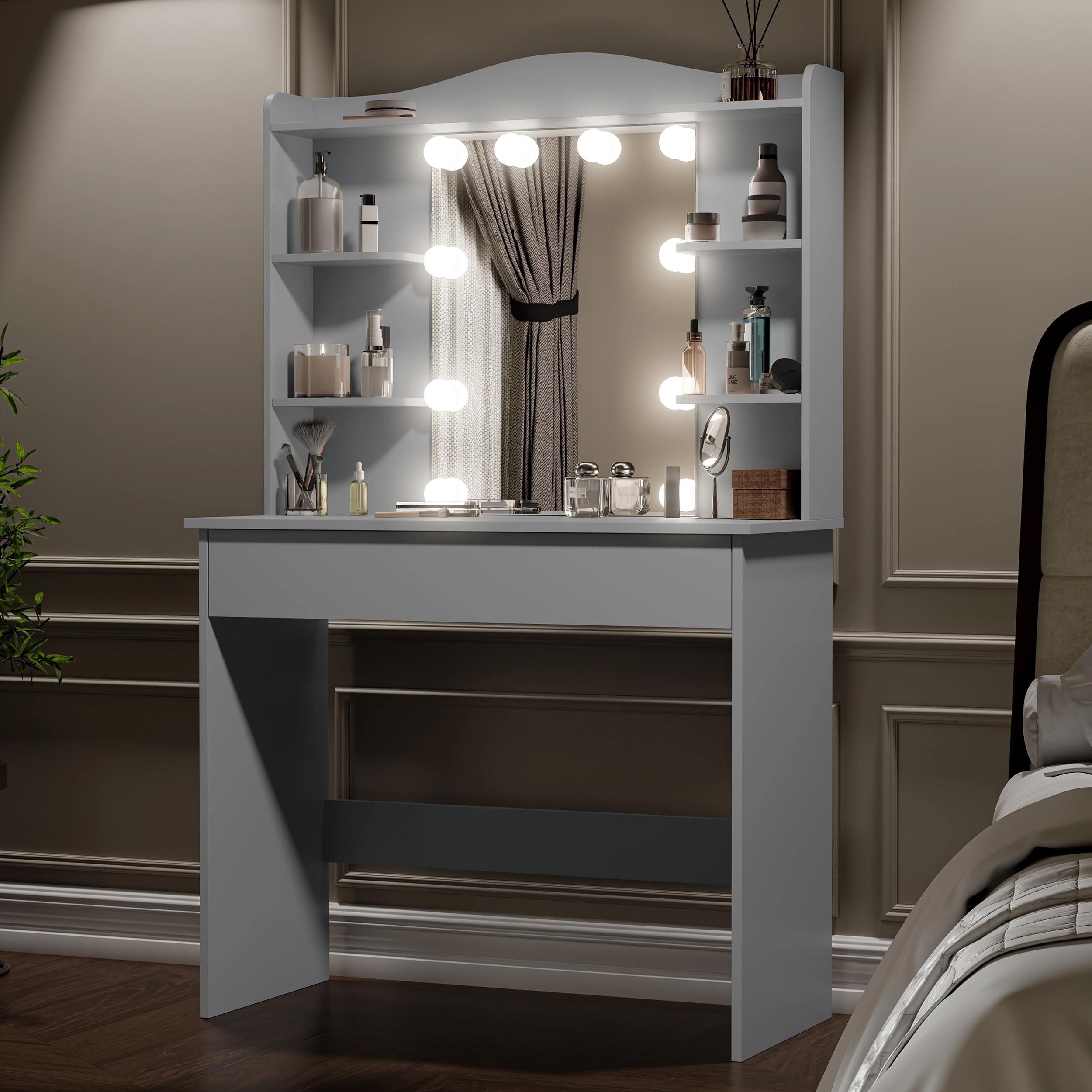Grey Dressing Table with Mirror, Vanity Desk With Mirror And Drawers, 1 Drawer, 6 Shelves, 1 Shelf, 10 Lights, Makeup Table, Adjustable Brightness & Colour, Dressing Tables 40Dx90Wx146H CM, Bedroom