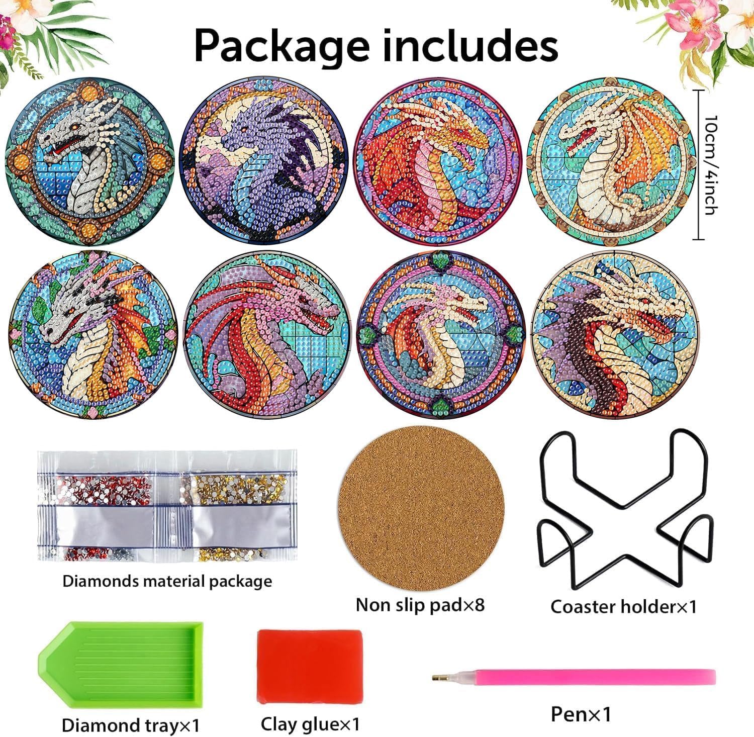 8Pcs Diamond Painting Coasters with Holder,DIY Dragon Life Coaster Diamond Art Kits for Adults Kids,Beginners Round Full Drill Diamonds Art Craft Supplies - Image 2