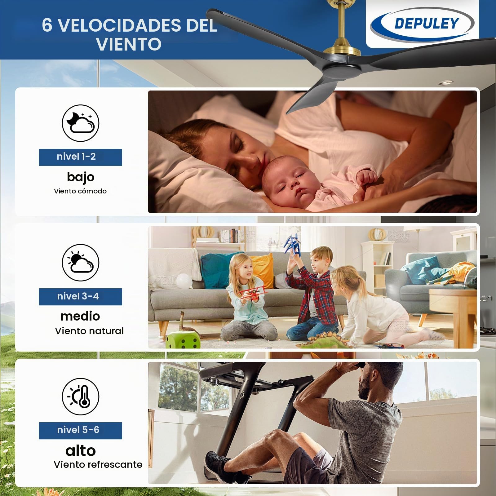 Depuley Ventilador de techo sin luz: Ventilador de exterior de 52 pulgadas con control remoto por para porches y terrazas - Ventilador de techo Black Gold sin luz, reversible, 6 velocidades