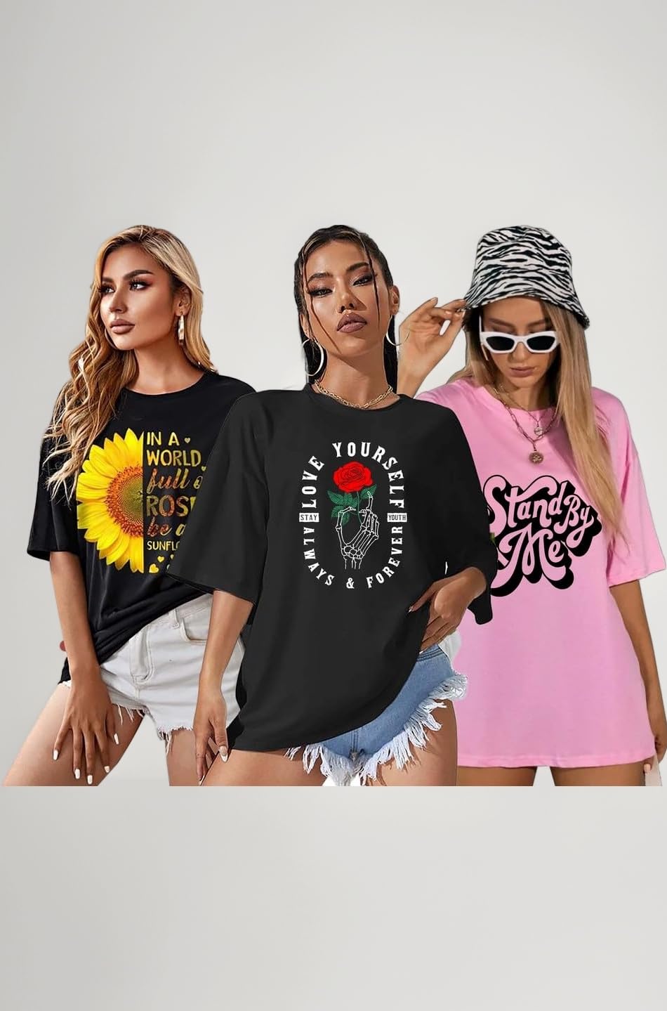 Women's Cotton Oversized Fit Printed Round Neck Oversized T-Shirt | Loose Fit Drop Shoulder T-Shirt Pack of 3