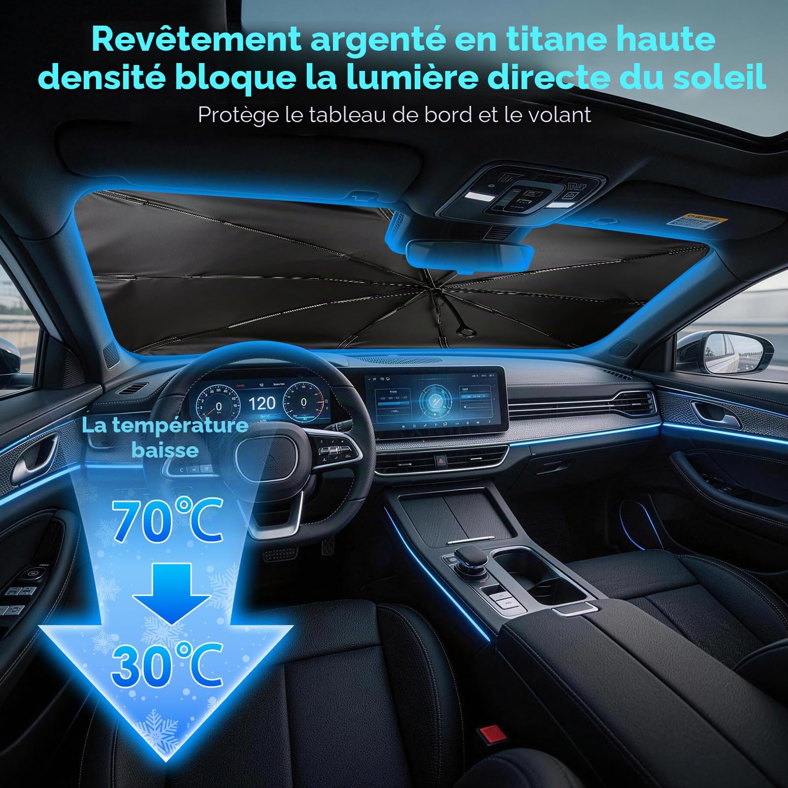 Pare-Soleil Voiture Pare-Brise Avant, 145x85cm Grande Taille,Protection UV & Anti-Chaleur Pliable Poignée rotative elliptique, avec Découpe pour Rétroviseur – Idéal pour SUV et pour Voiture.