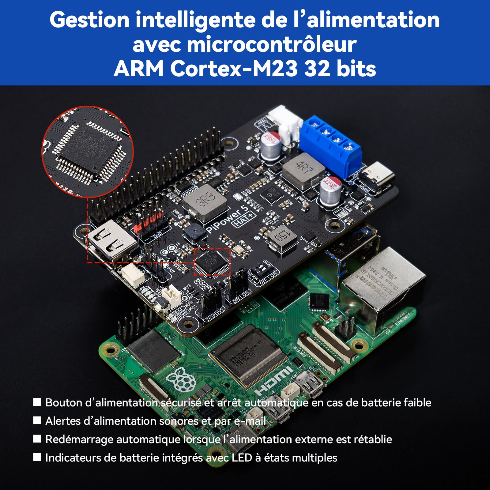 PiPower 5 UPS Hat pour Raspberry Pi 5/4B/3B+/Zero 2 W, Alimentation 5V/5A avec Batterie de Secours, arrêt sécurisé, alertes intelligentes, USB-C PD 45W pour NAS, Serveur et Home Assistant