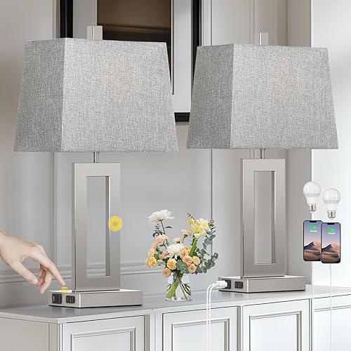 Miniatura 1 de Juego de 2 lámparas de mesa con control táctil, modernas lámparas de noche plateadas con puertos USB C+A y salida de CA, lámparas de dormitorio