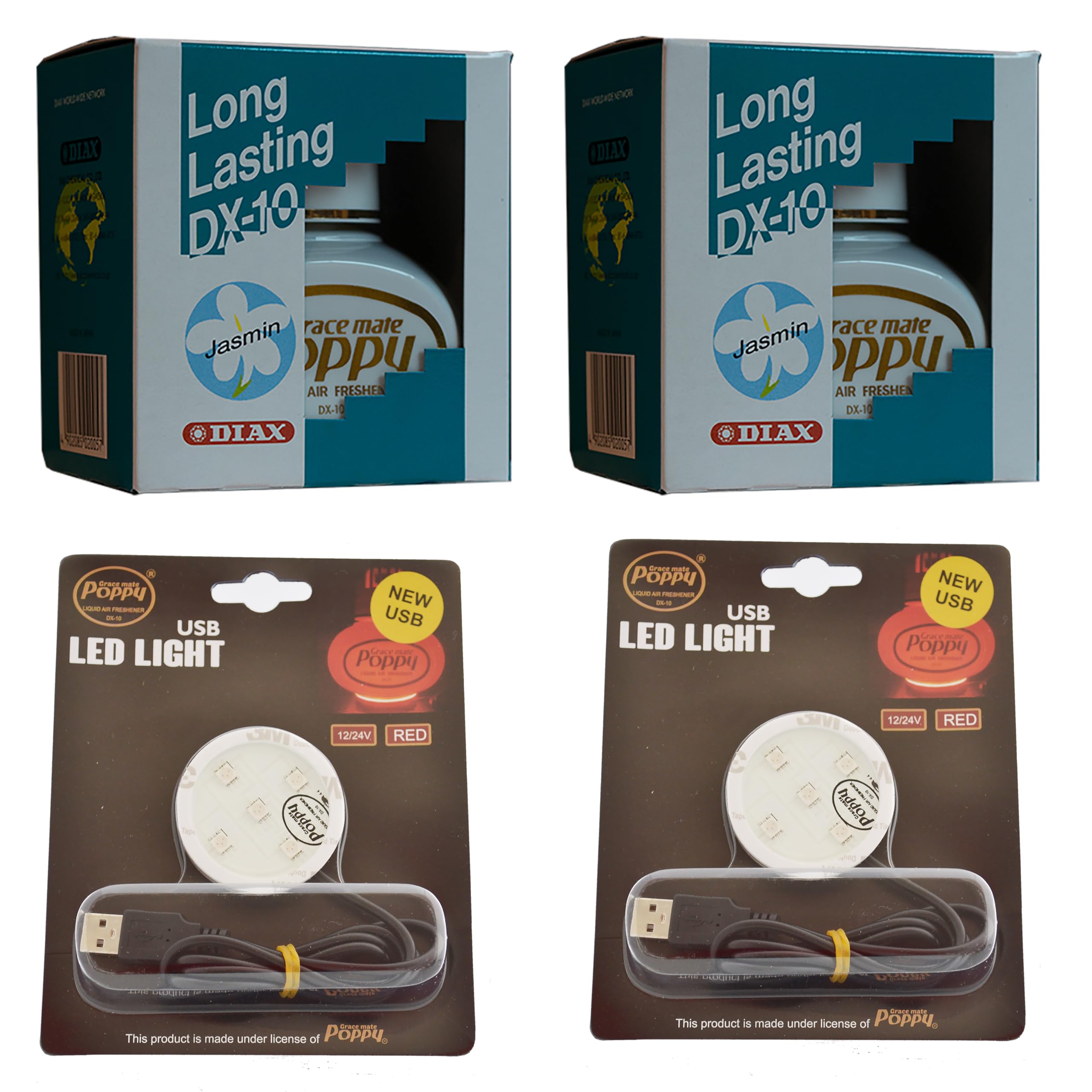 Gracemate Poppy Air Freshener Jasmin x 2 and 2 x RED Led Light Base with USB - with FREE NEXT DAY UK DELIVERY