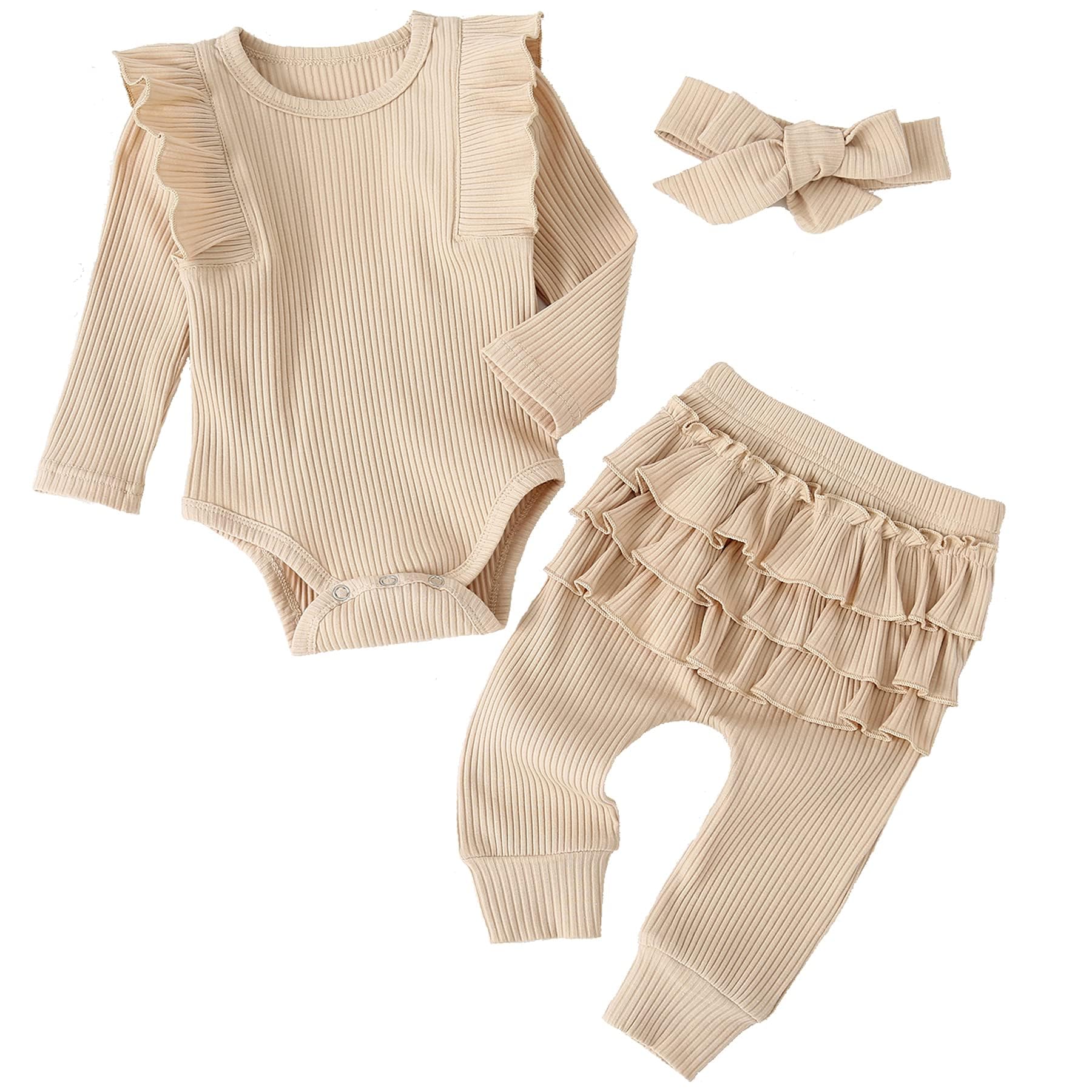 Fullfamous Baby Girl's 3pc Rib Frill Long Sleeve Romper and Pant Set
