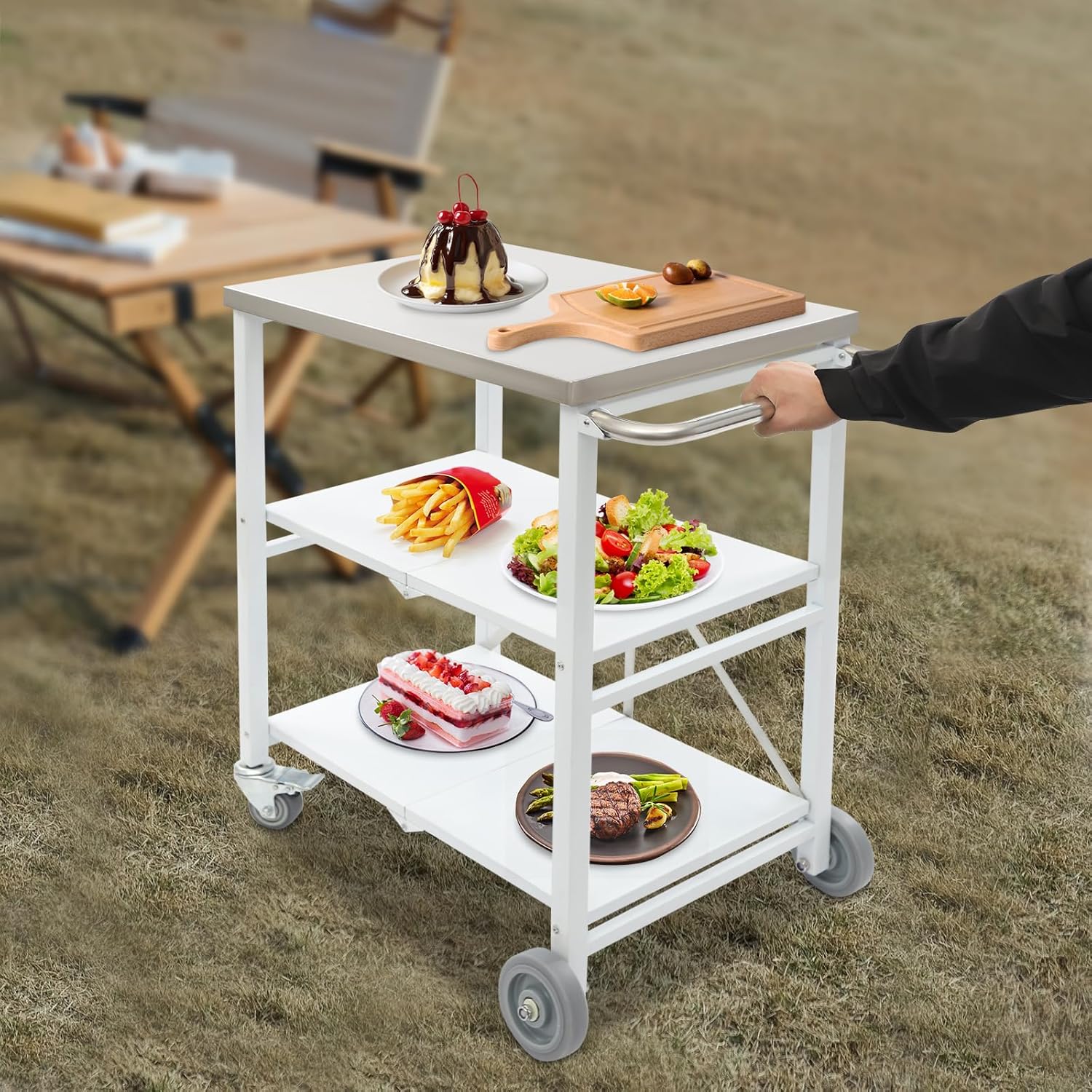 Folding Outdoor Grill Cart with Wheels, 3-Shelf Grill Table with 27x18in Stainless Steel Top, Rolling Pizza Oven Stand, Metal Portable Cart, Griddle Table for BBQ Patio Camping (Silver, White, Grey)