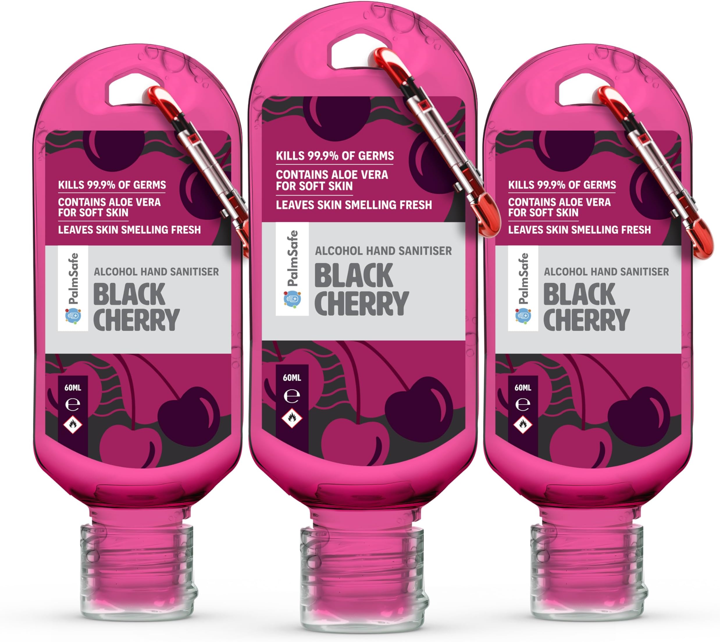 – Black Cherry 3 Pack 60ml Anti Bacterial Premium Hand Sanitiser Travel Size Refillable Clip Bottle Quick Drying Non Sticky Extra Moisturising Kills 99.9% of Viruses and Bacteria