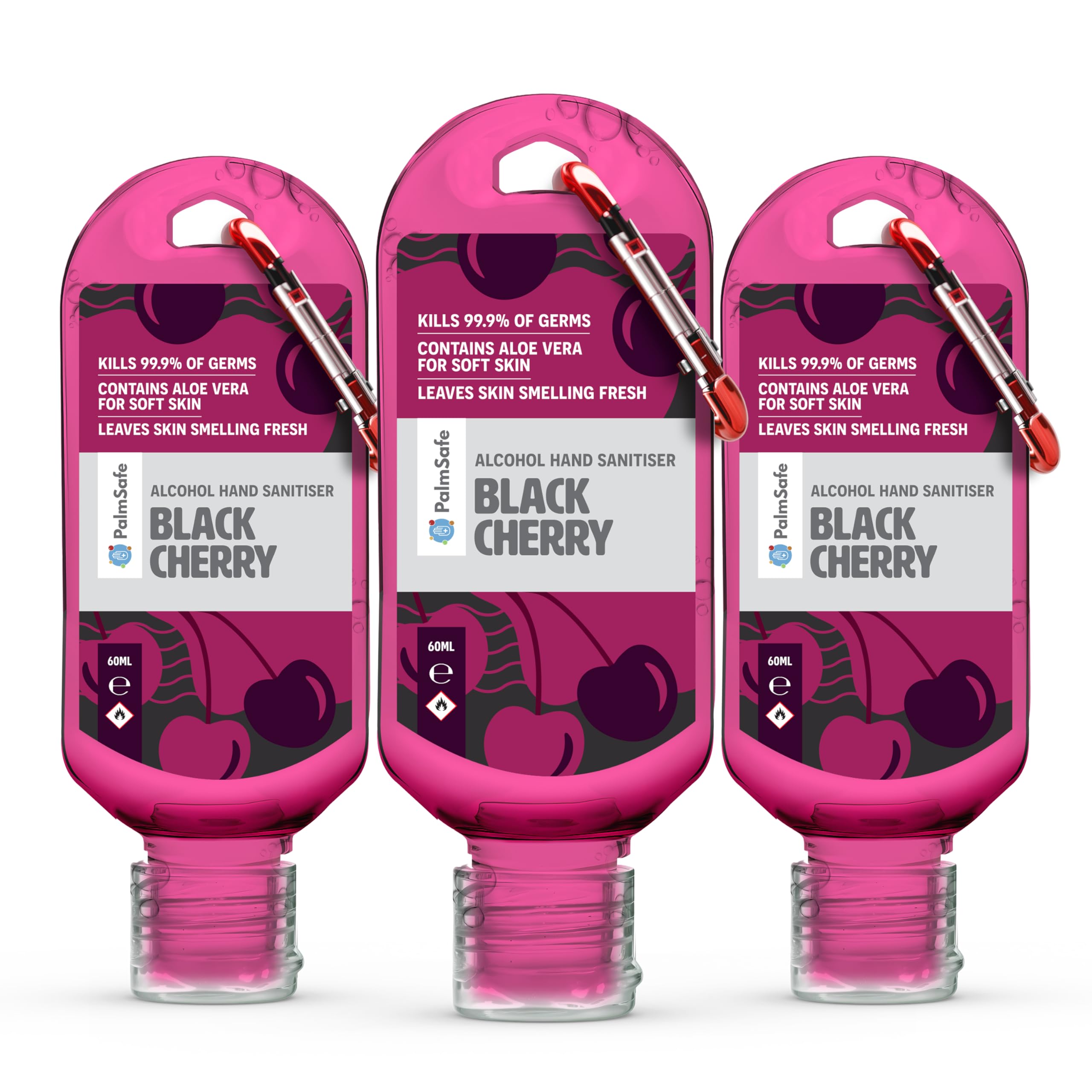 Palm SafeBlack Cherry 3 Pack 60ml Anti Bacterial Premium Hand Sanitiser Travel Size Refillable Clip Bottle Quick Drying Non Sticky Extra Moisturising Kills 99.9% of Viruses and Bacteria
