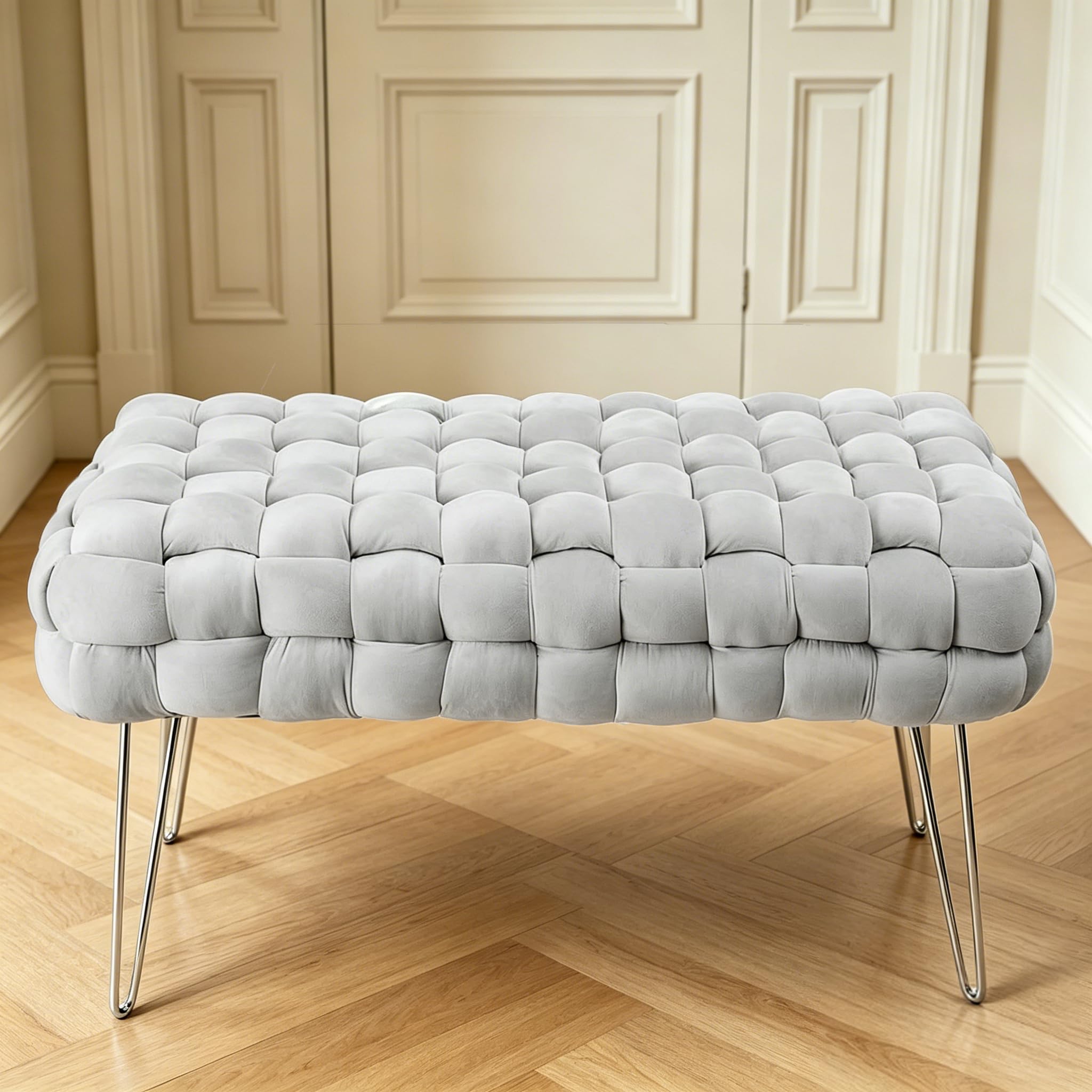 Banco de Cosmética Moderno de Terciopelo, Otomana Rectangular con Patas de Metal Plateado, Asiento Acolchado de Tejido Terciopelo (Gris Claro, 38P x 70An x 41.5Al cm)