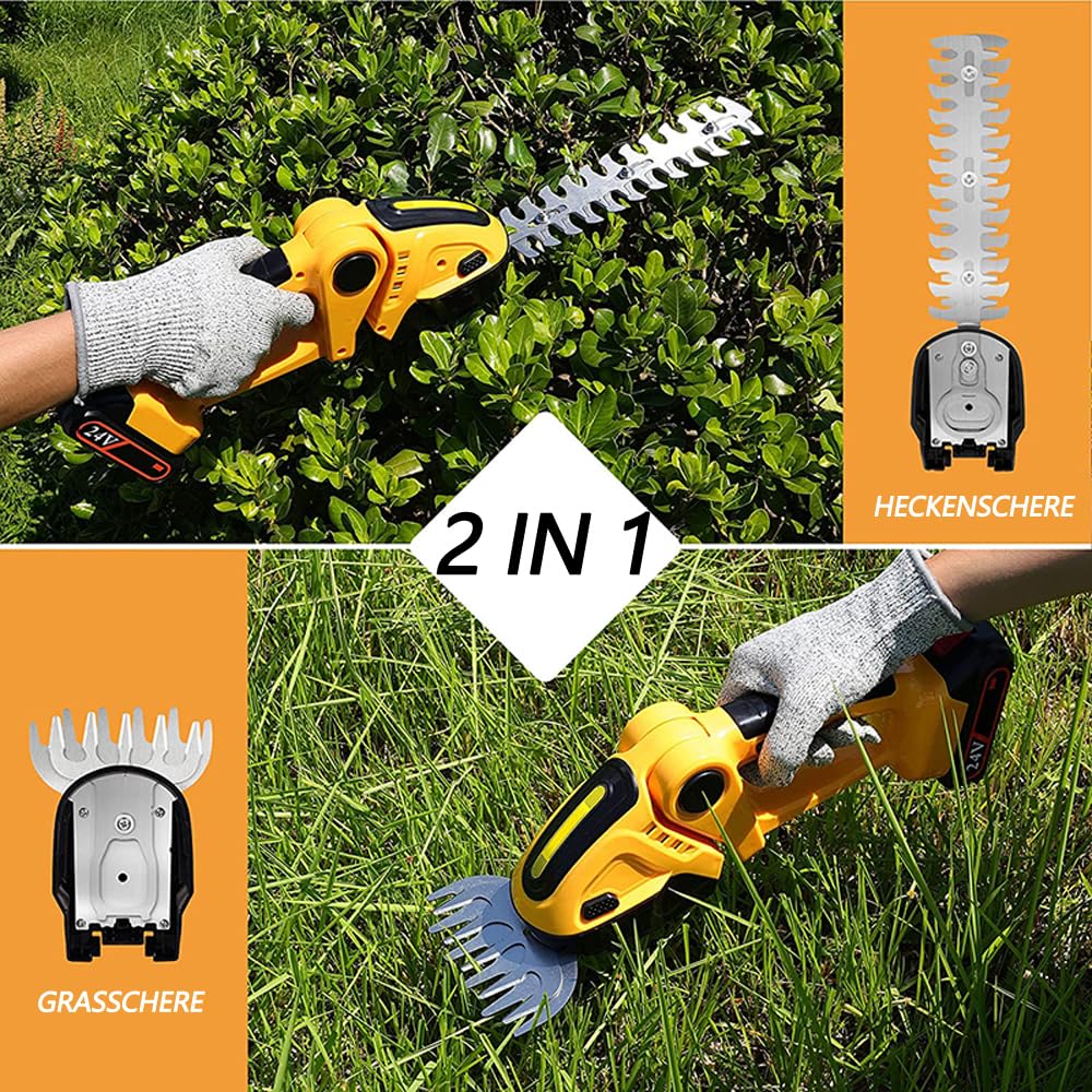 Tijeras de podar eléctricas con batería, 21 V, 2 en 1, para arbustos y césped, con 2 baterías