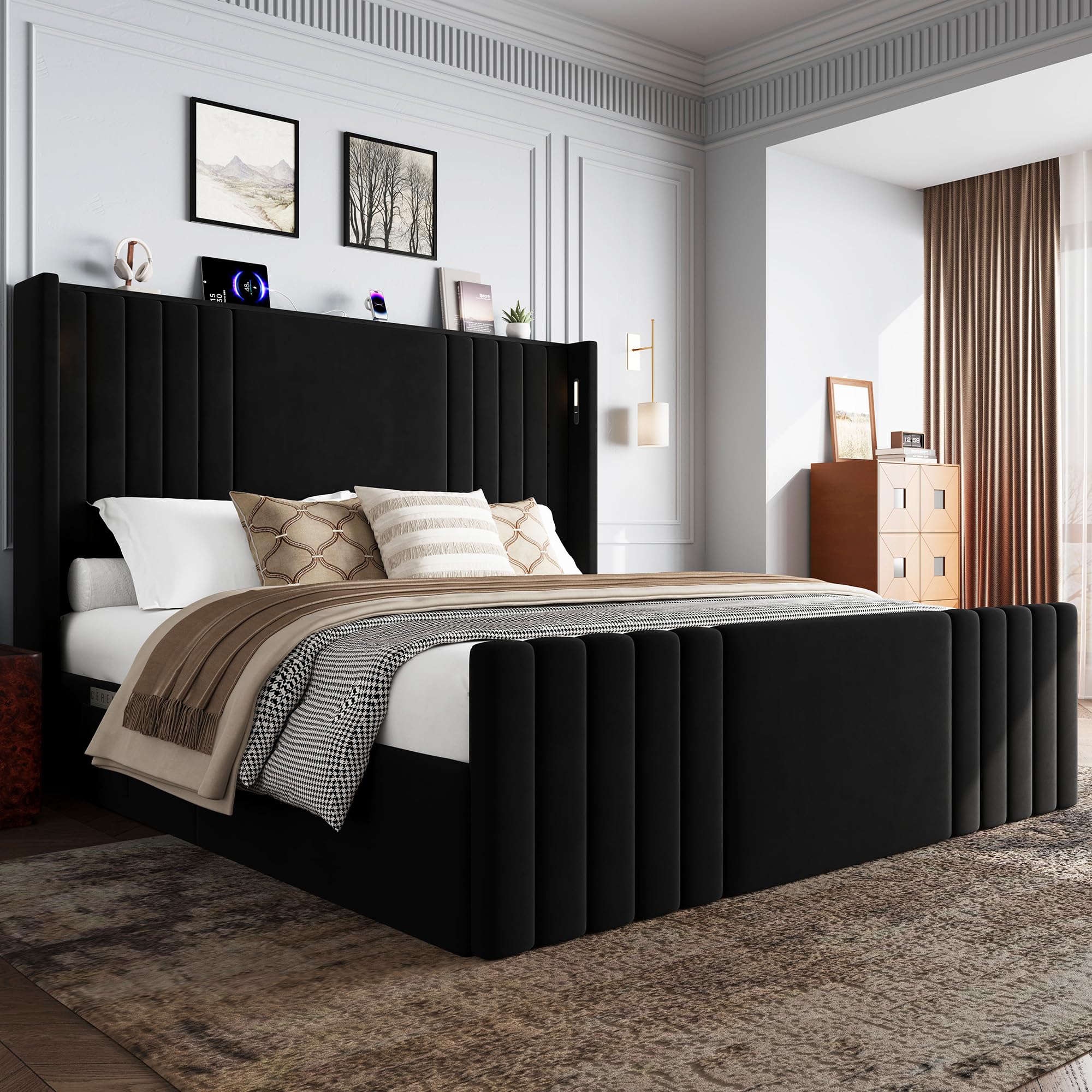 Uteeran Queen Bed Frame with 55.1" Tall Headboard, Velvet Upholstered Platform Bed with Channel Tufted Wingback, 2 Reading Lights/Storage Shelf/