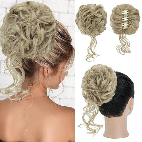 S-noilite Extensiones de moño desordenado con clip de garra, moño falso con clip de garra, extensiones de cabello rubio rizado y ondulado,