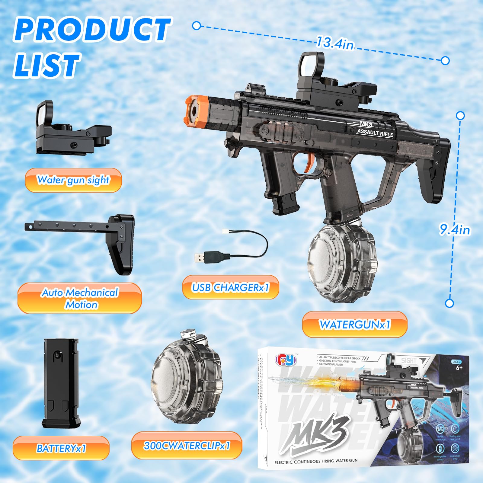 Electric Water Gun for Adults Kids, Automatic Squirt Gun with 33FT Range, Watergun with Flashing Muzzle, Summer Outdoor Water Pistol Pool Beach Party Toys for Boys Girls (Black) — view 6