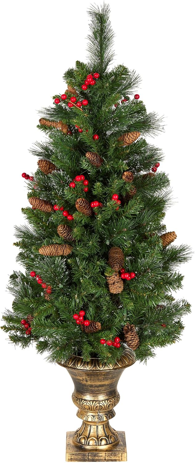 National Tree Company Crestwood Spruce entrance tree with pine cones and red berries in a gold-finish urn