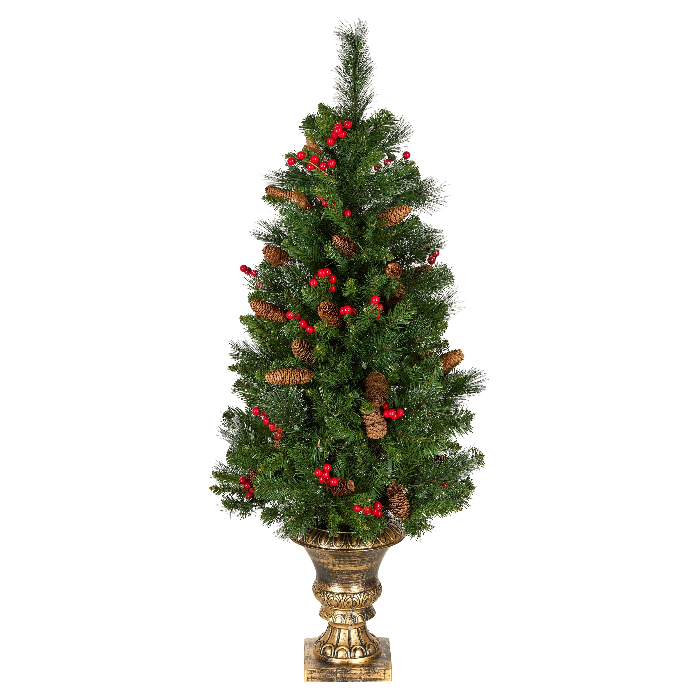 National Tree CW7-306-40 Baumbaum mit Zapfen, Glitzer, rote Beeren, silberfarbene Borsten und 100 klaren Lichtern in dekorativer Urne