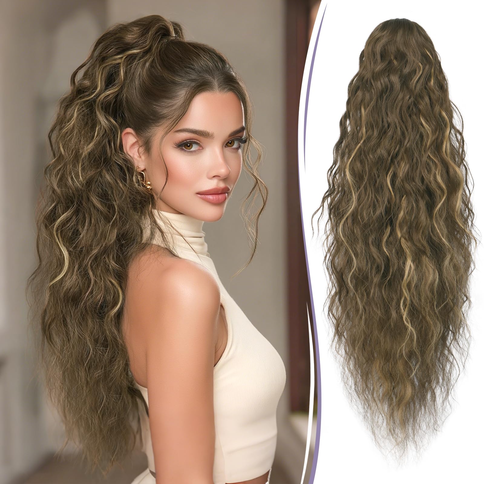 RUWISS Ponytail Cheveux Naturel avec Pince 76 cm Postiche Queue de Cheval Longue Bouclée Ondulée Extension Cheveux Naturel Queue de Cheval Synthétique pour Femme, Blond Miel Mélangé Brun Clair