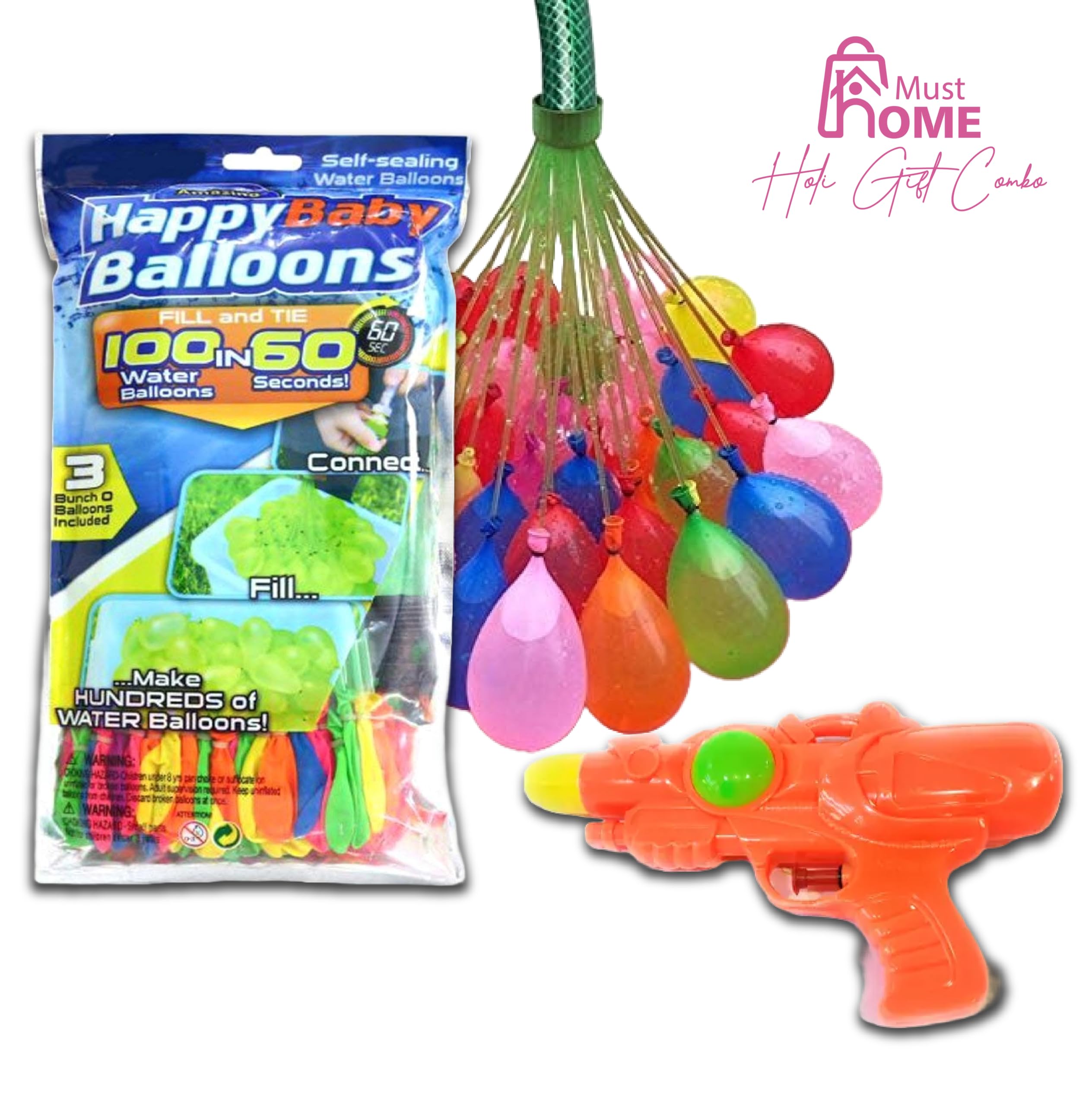 MustHome | Holi Colour | Holi Gulal Organic 2 Packets 80 gm Each| Holi Pichkari | Holi Gifts Hamper | Magic Water Balloons 37 pcs, 50 Water Balloons | Corporate Gifts for Holi | Chandan 1