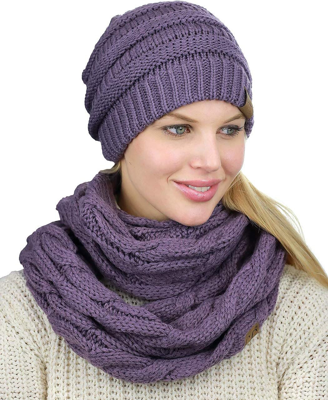 C.C Unisex Soft Stretch Chunky Cable Knit Beanie and Infinity Loop Scarf Set