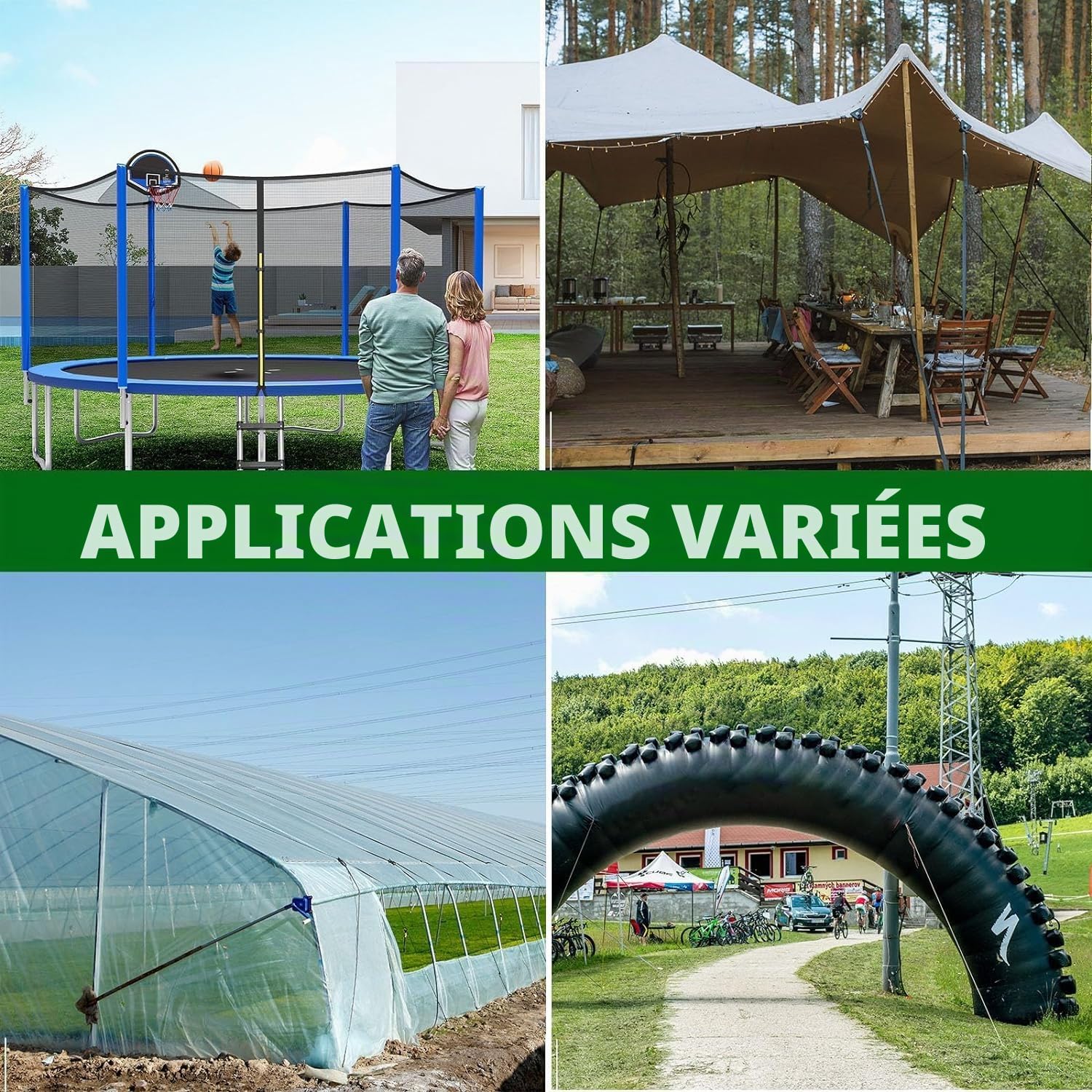 Ancrage Pour Trampoline, Fixation Trampoline Sol, Kit Encrage Trampoline Exterieur, Sangle réglable - Adaptateur de perçage - Aide à la rotation - Kit d'ancrage robuste pour tentes, balançoires