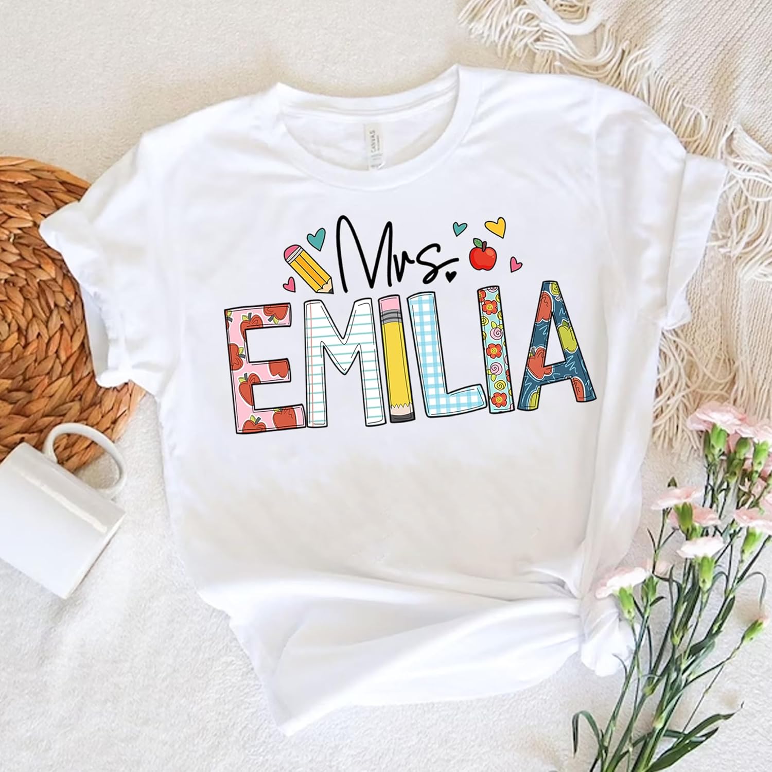 NAZENTI Custom Teacher Shirts, Personalized Teach T Shirts with Name, Back to School Appreciation Gift, Teacher White Outfit for Women, First Day of School Shirt with Pencil Doodle, Mrs. Shirt 02 - Image 3