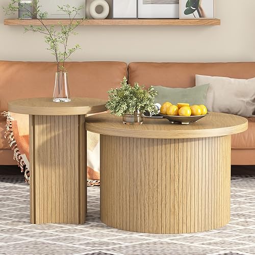 Nesting Coffee Table Set of 2, Modern Round Coffee Table, Circle Side Table, Round Wooden Coffee Table for Living Room, Office, Balcony (Large 2-Piece Set)