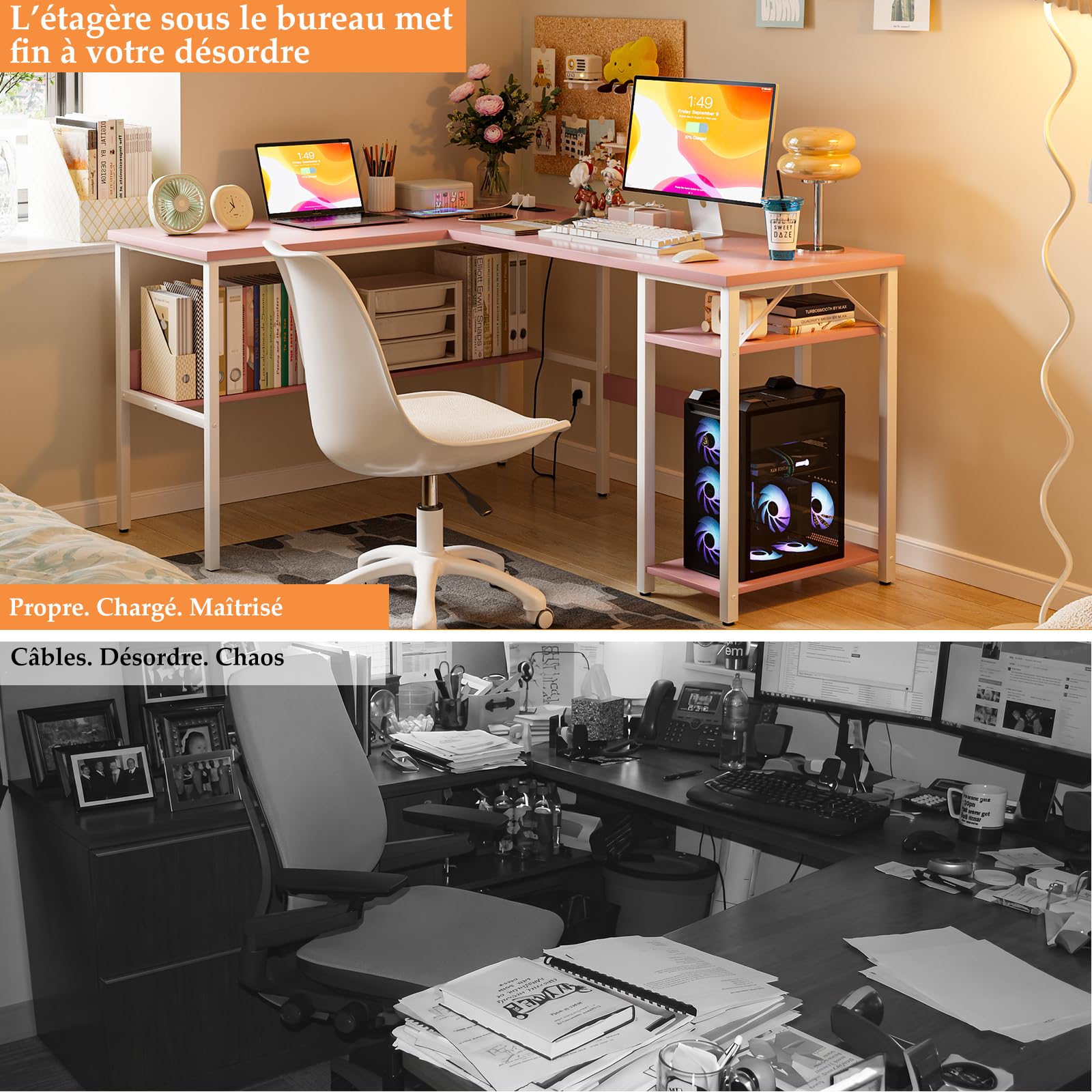 Homieasy Bureau d'angle 128cm avec Prises et USB, Rose