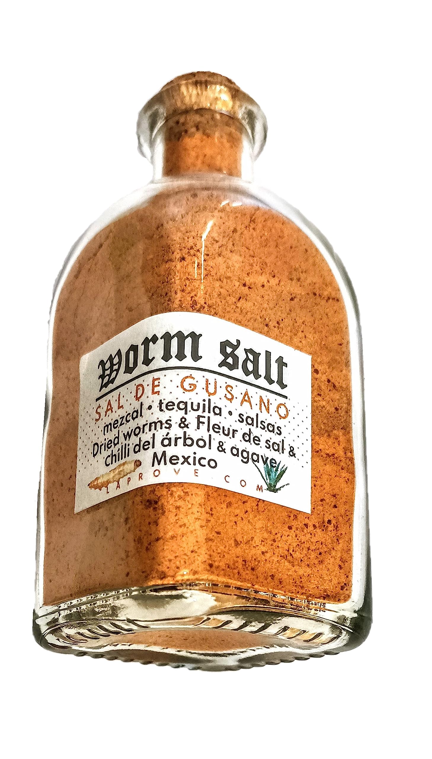 Sale messicano di vermi secchi (150 g) in flacone di vetro per mezcal, tequila e salse.