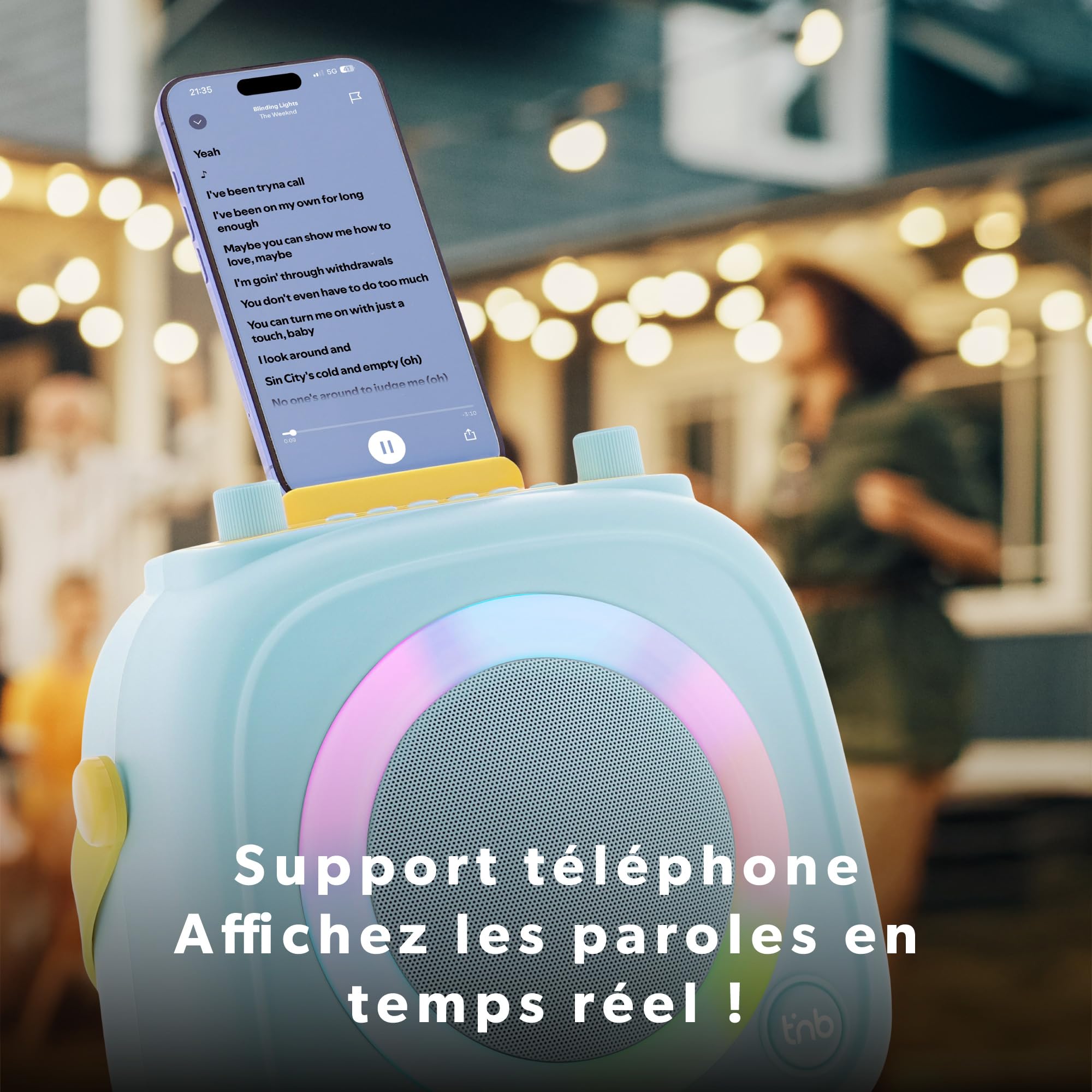 T'nB - Enceinte Bluetooth Karaoke, Idée Cadeau Noel, 2 Microphones sans Fil, 5 Effets Vocaux, Anneau Lumineux RGB, USB et Jack 3,5 mm, Poignée de Transport, Autonomie 5 h, Système Portable - Bleu