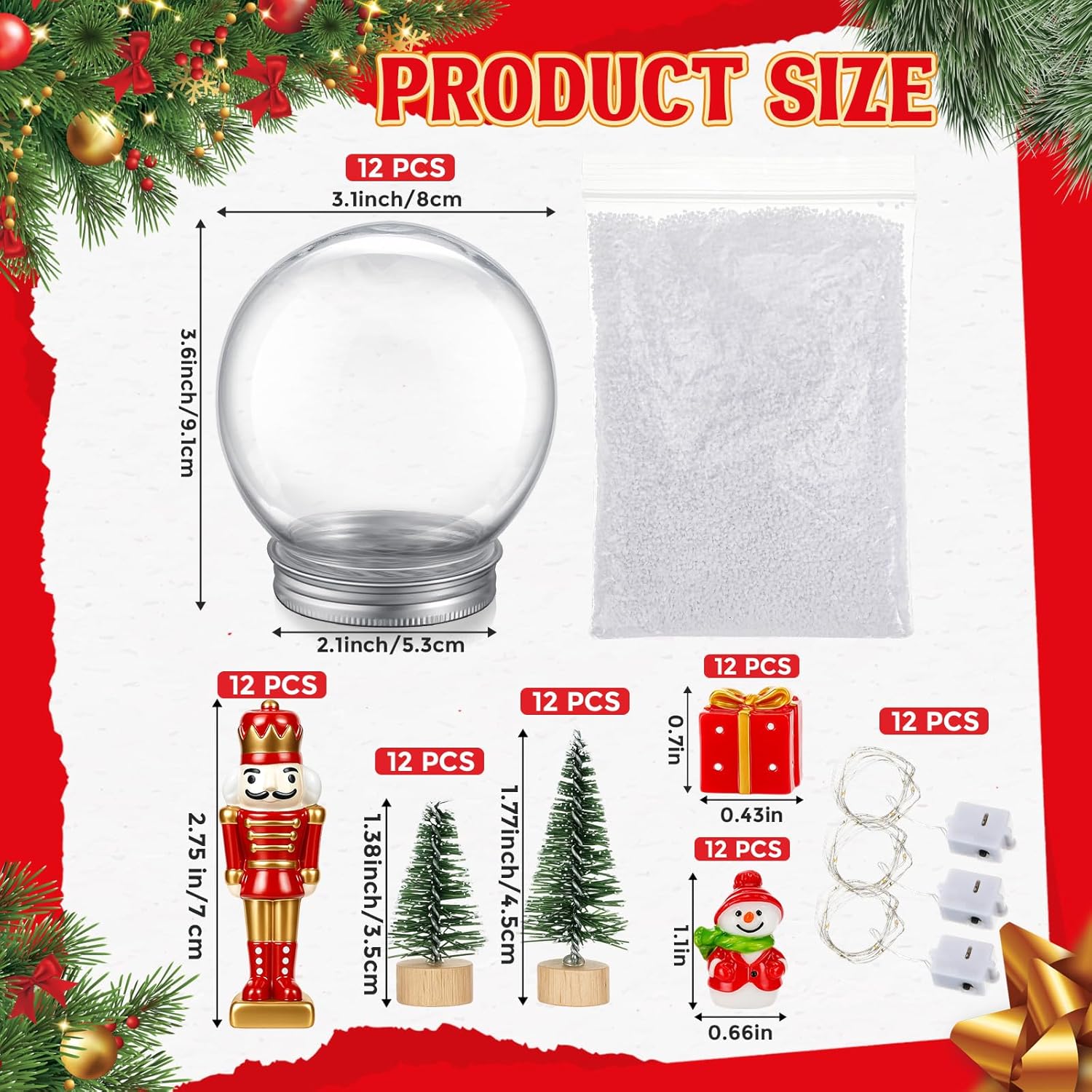 Liliful 61 Pcs/12 Sets Christmas Plastic Clear Snow Globes Kit Nutcracker LED Snow Globe with Screw Off Cap Glowing Nutcracker Christmas Pine Trees Snowman Snowflakes for DIY Decoration Craft