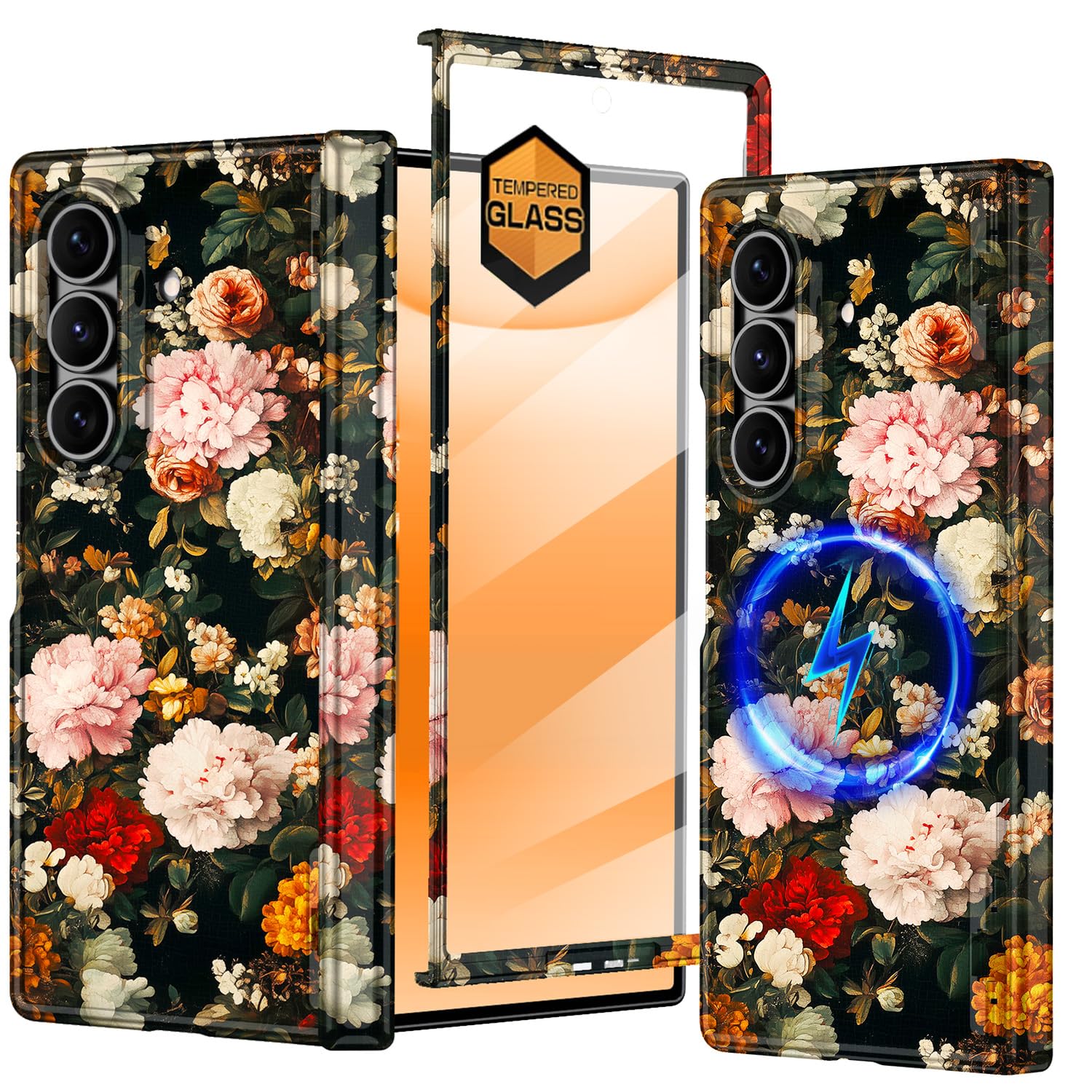 Hekodonk for Galaxy Z Fold 7 Case,[Compatible with MagSafe][Built-in Screen Protector][Hinge Protection],Magnetic Slim Shockproof Women Girls Case for Samsung Galaxy Z Fold 7,Flower