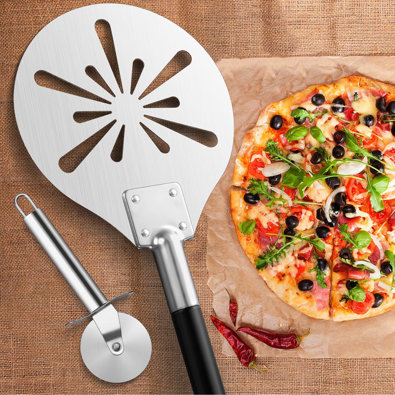 Leonyo Pizzaschieber mit klassischem Schneiderrad, 22,9 cm, aus Edelstahl, mit verstellbarem langem Griff, runder Spatel, Paddel für Köche, Bäcker, hausgemachte Ofen