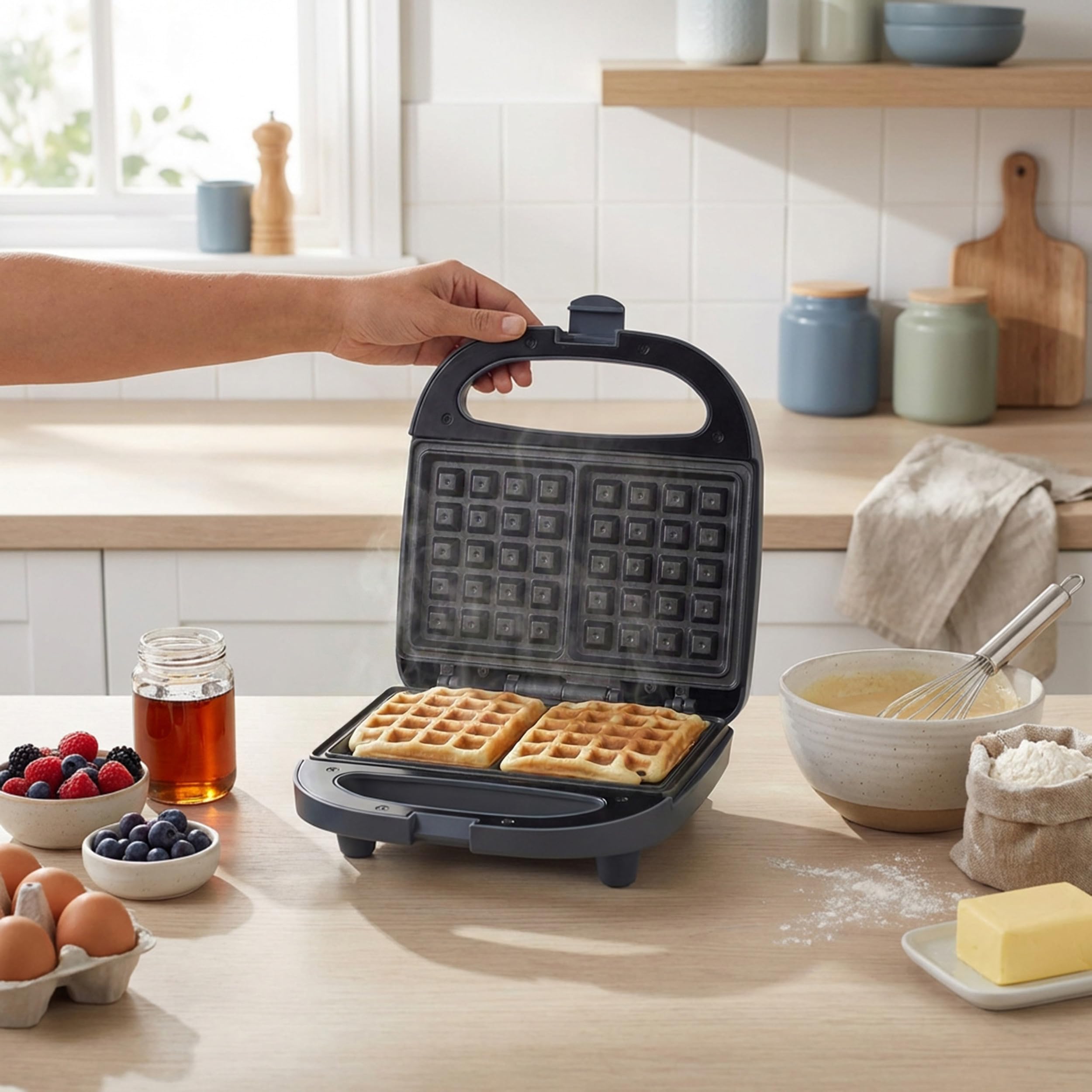 Progress Mellow Waffle Maker - 2 rebanadas, control automático de temperatura, luces indicadoras de encendido/listo, placas de cocción antiadherentes, asas de transporte frías al tacto, 750 W