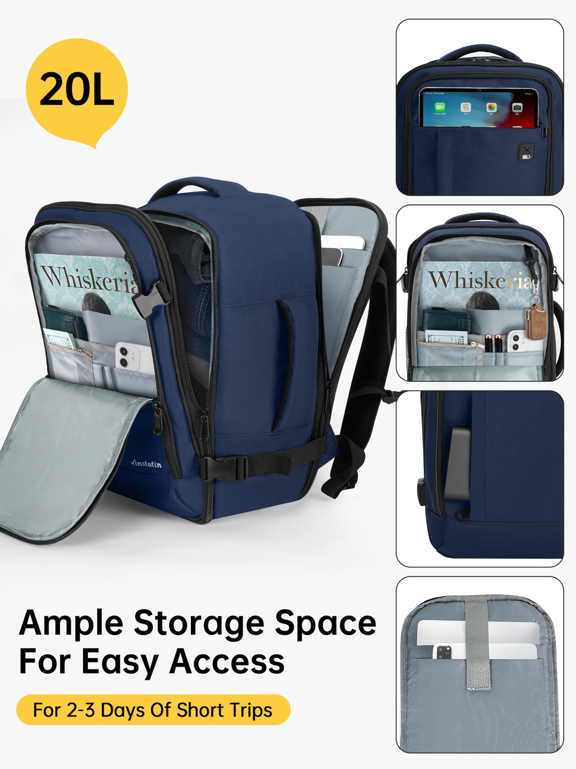 Vinstatin Ryanair - Zaino da viaggio da donna, 40 x 20 x 25,14 pollici, 20 l, impermeabile, con 4 tasche per vestiti, per vacanze, affari, escursioni, weekend, Blu, 40x20x25(CM), Rucksack