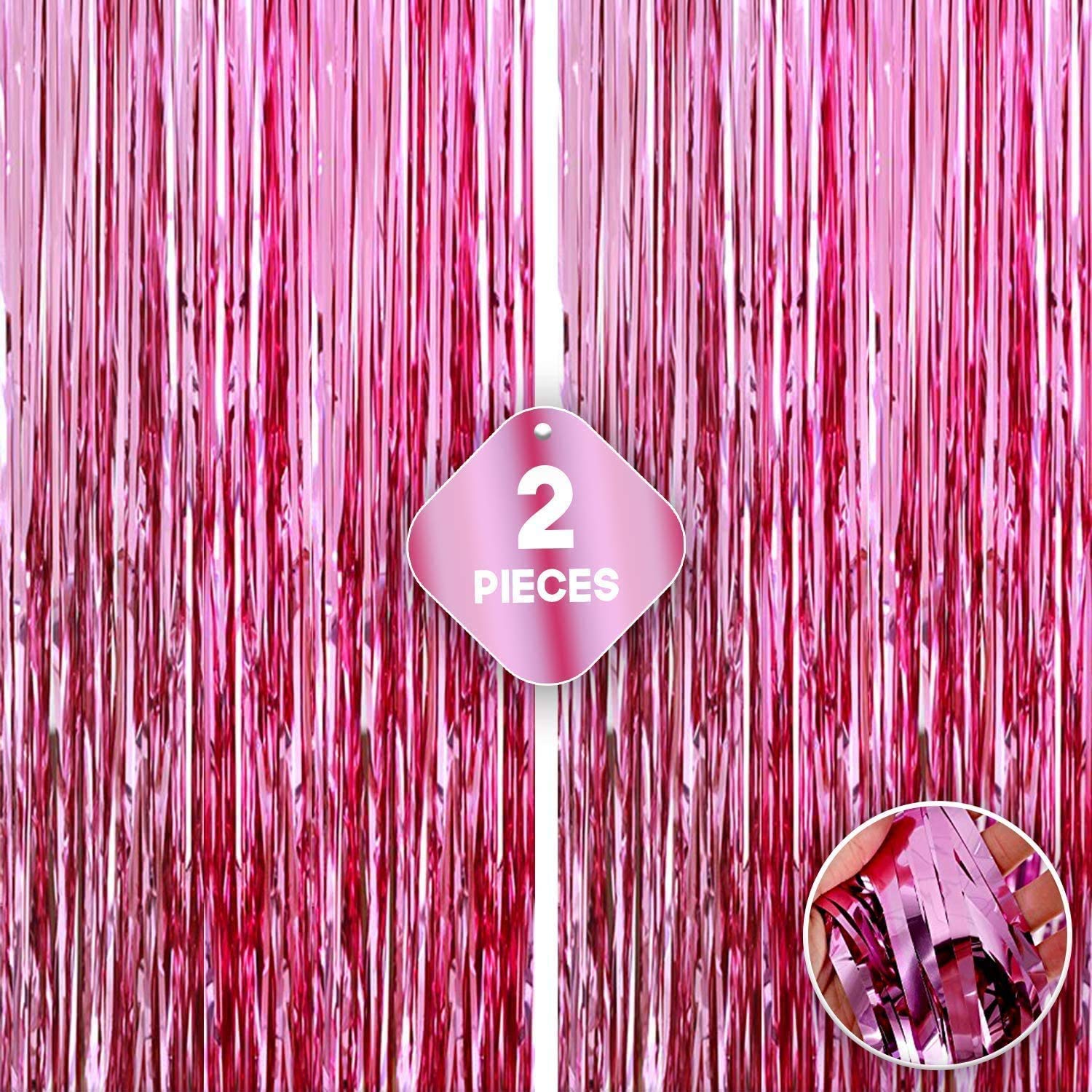 Xtralarge, Metallic Pink Backdrop Fringe Set - 3.2X10 Feet | Pack Of 2 | Pink Backdrop Curtain For Pink Party Decorations | Tinsel Foil Pink Party Streamers For Birthdays, Bachelorette, Bridal Shower
